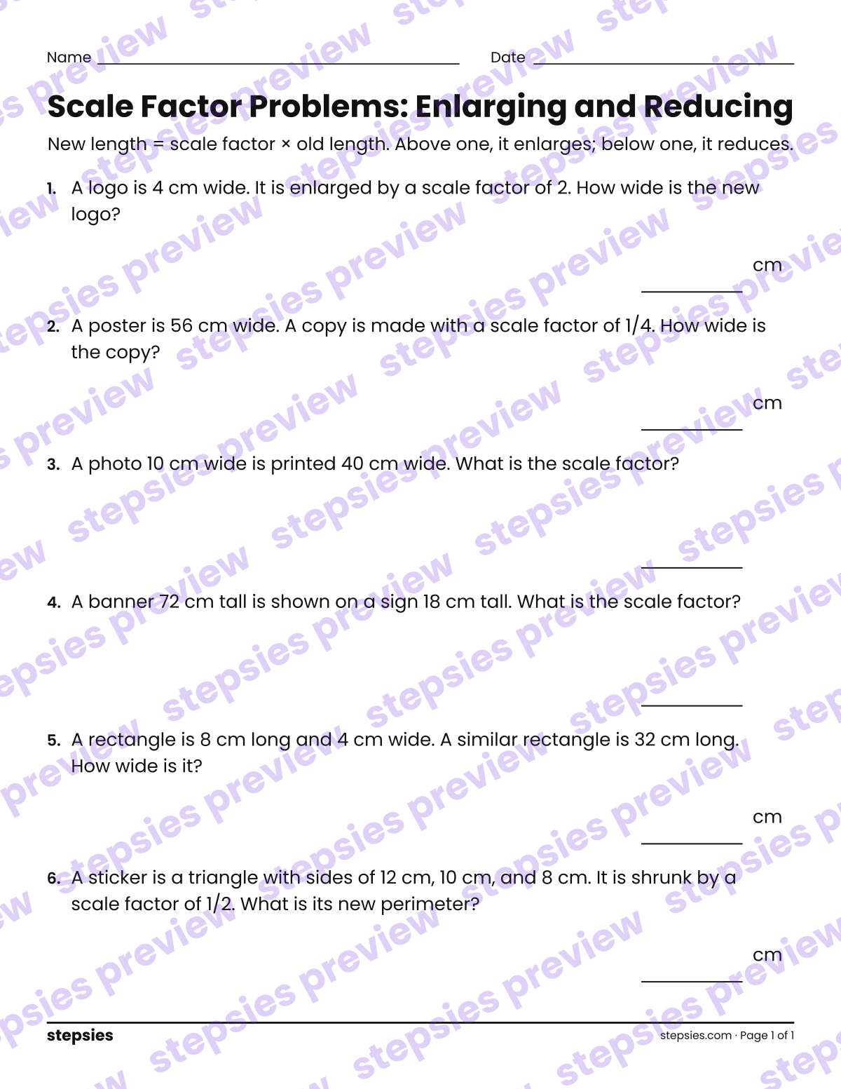 Scale Factor Problems: Enlarging and Reducing: page 1 of a printable Grades 6 and 7 Math worksheet