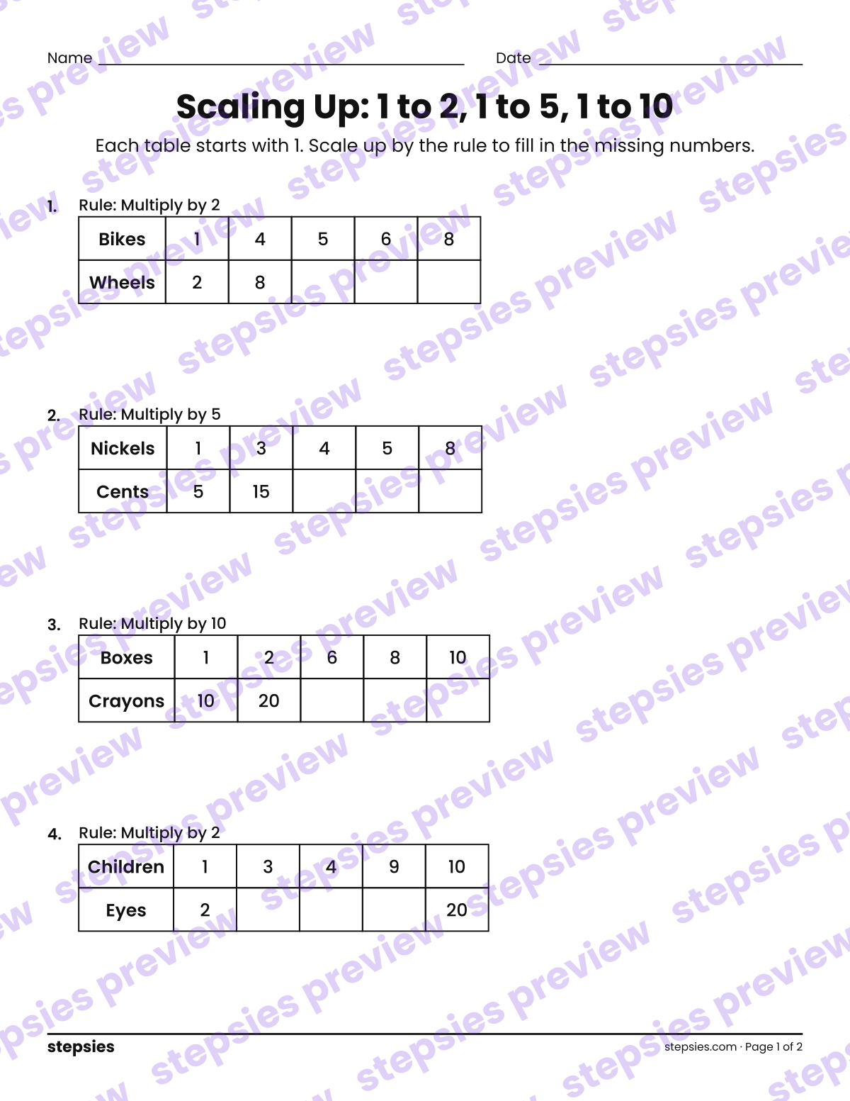 Scaling Up: 1 to 2, 1 to 5, 1 to 10: page 1 of a printable Grade 3 Math worksheet