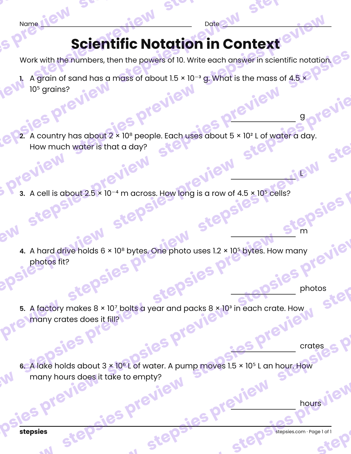 Scientific Notation in Context: page 1 of a printable Grade 8 Math worksheet
