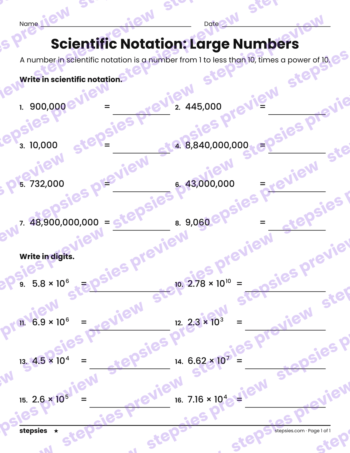 Scientific Notation: Large Numbers: page 1 of a printable Grade 8 Math worksheet