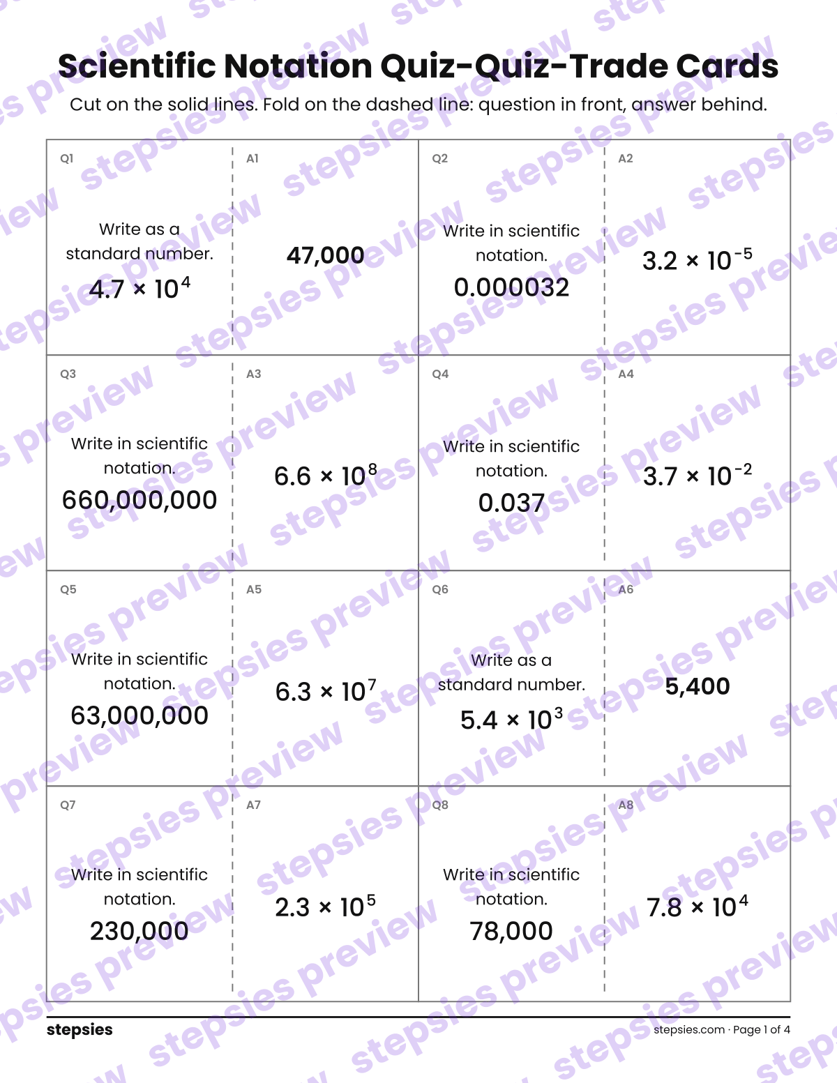 Scientific Notation: Quiz-Quiz-Trade Cards: page 1 of a printable Grade 8 Math worksheet