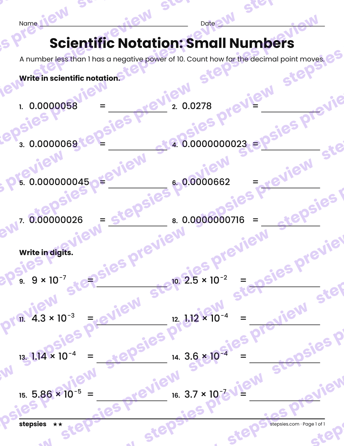 Scientific Notation: Small Numbers: page 1 of a printable Grade 8 Math worksheet