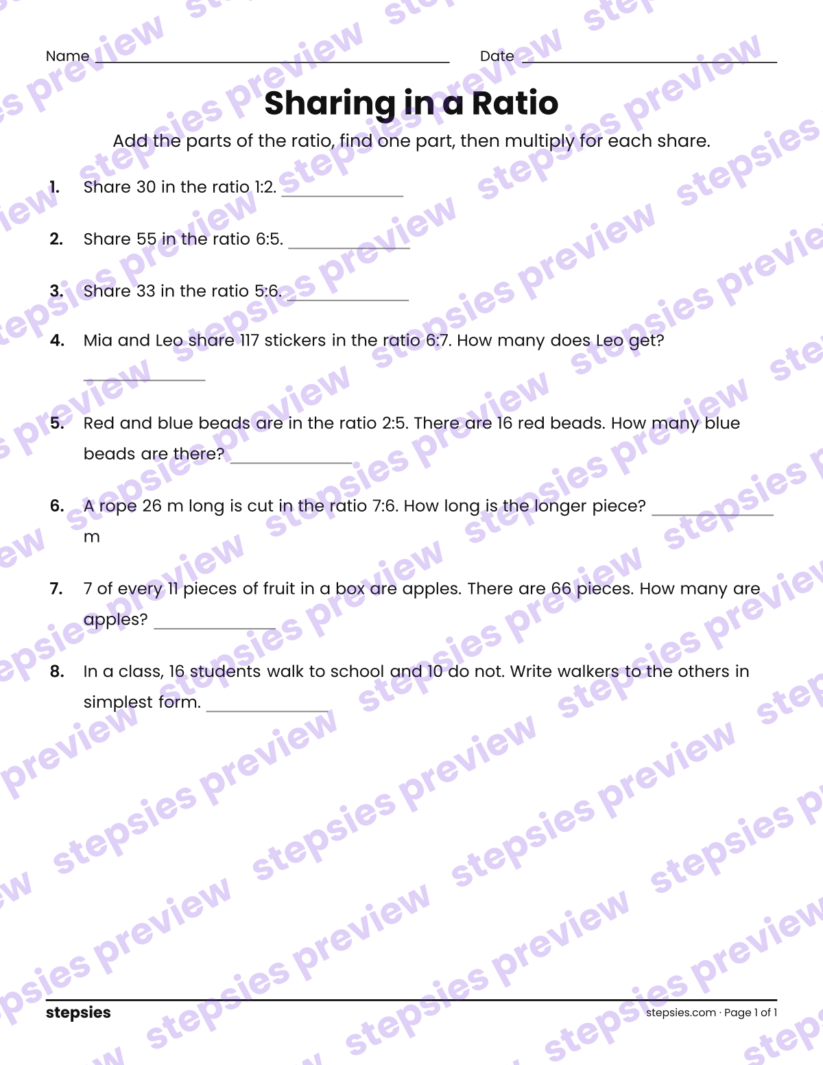 Sharing in a Ratio: page 1 of a printable Grades 6 and 7 Math worksheet
