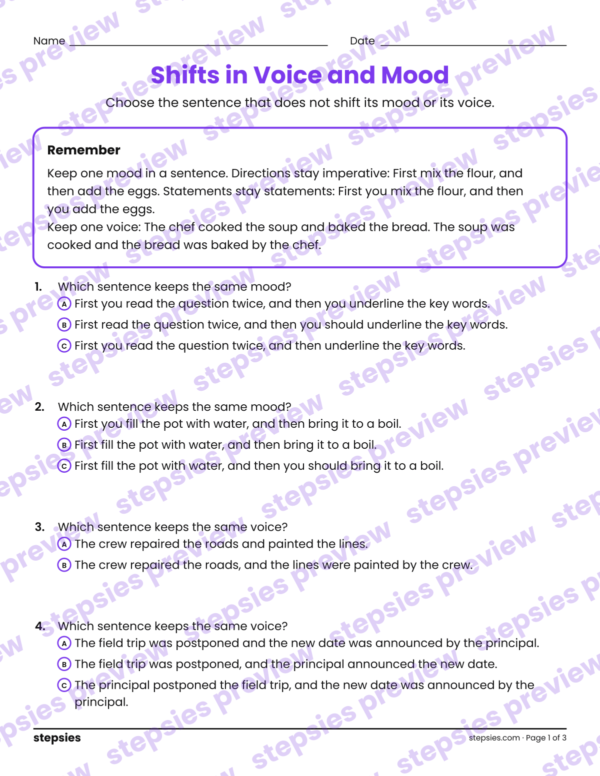 Shifts in Voice and Mood: page 1 of a printable Grade 8 Language worksheet