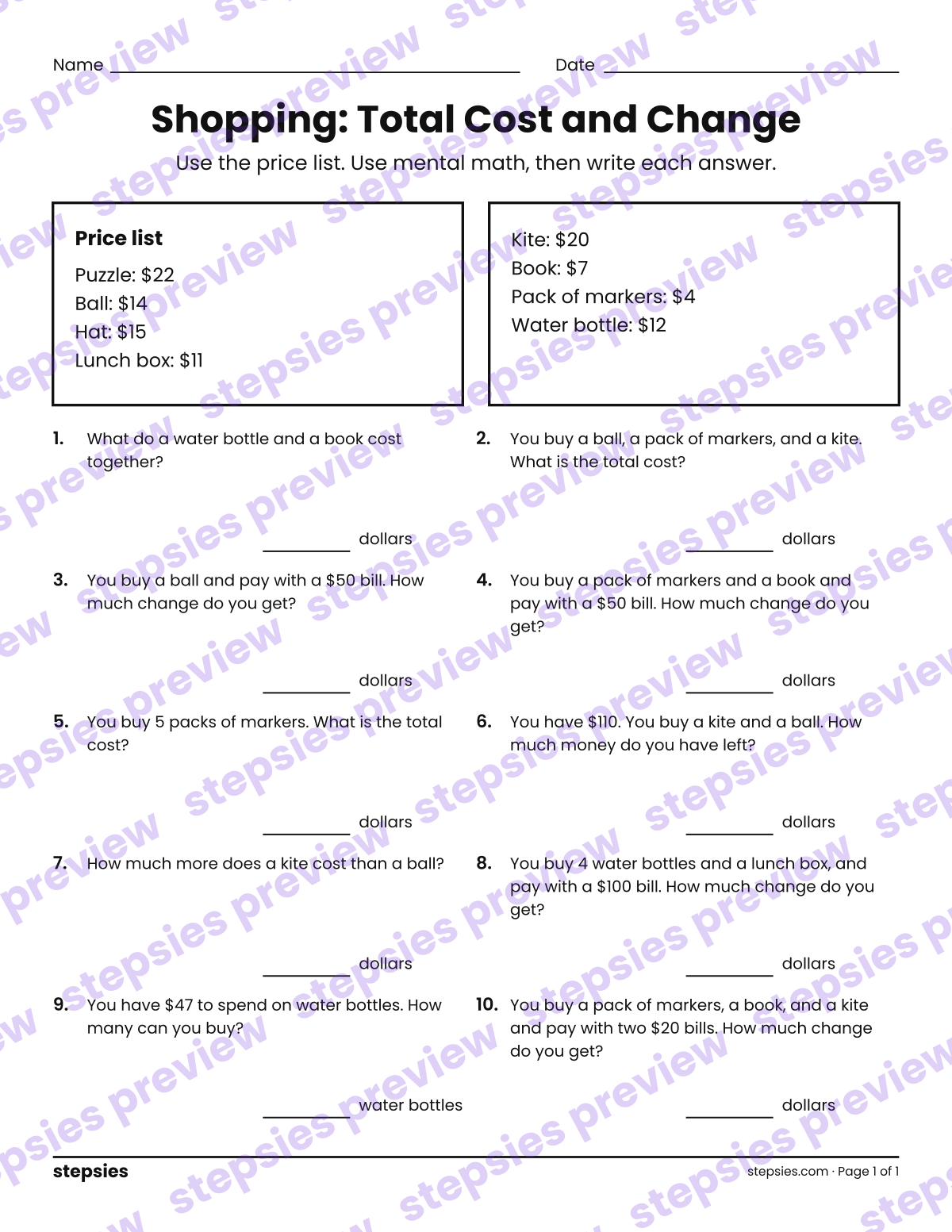 Shopping: Total Cost and Change: page 1 of a printable Grade 4 Math worksheet