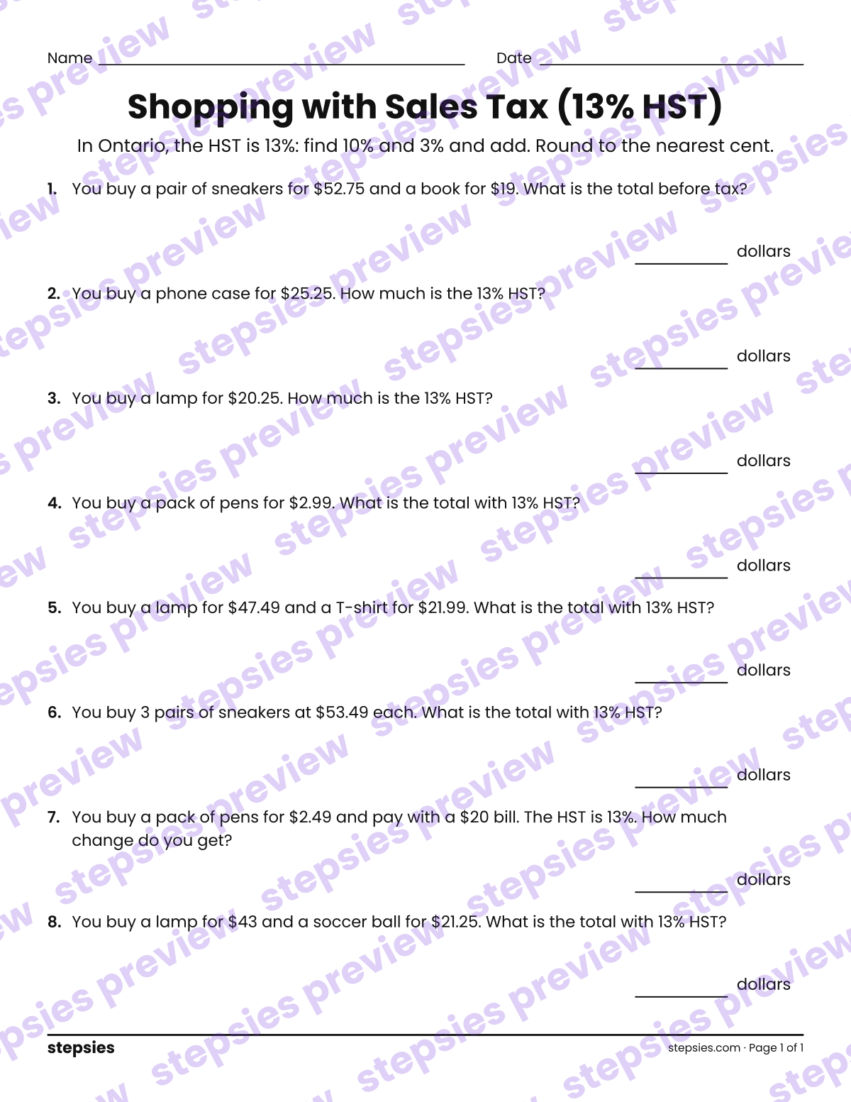 Shopping with Sales Tax (13% HST): page 1 of a printable Grade 5 Math worksheet