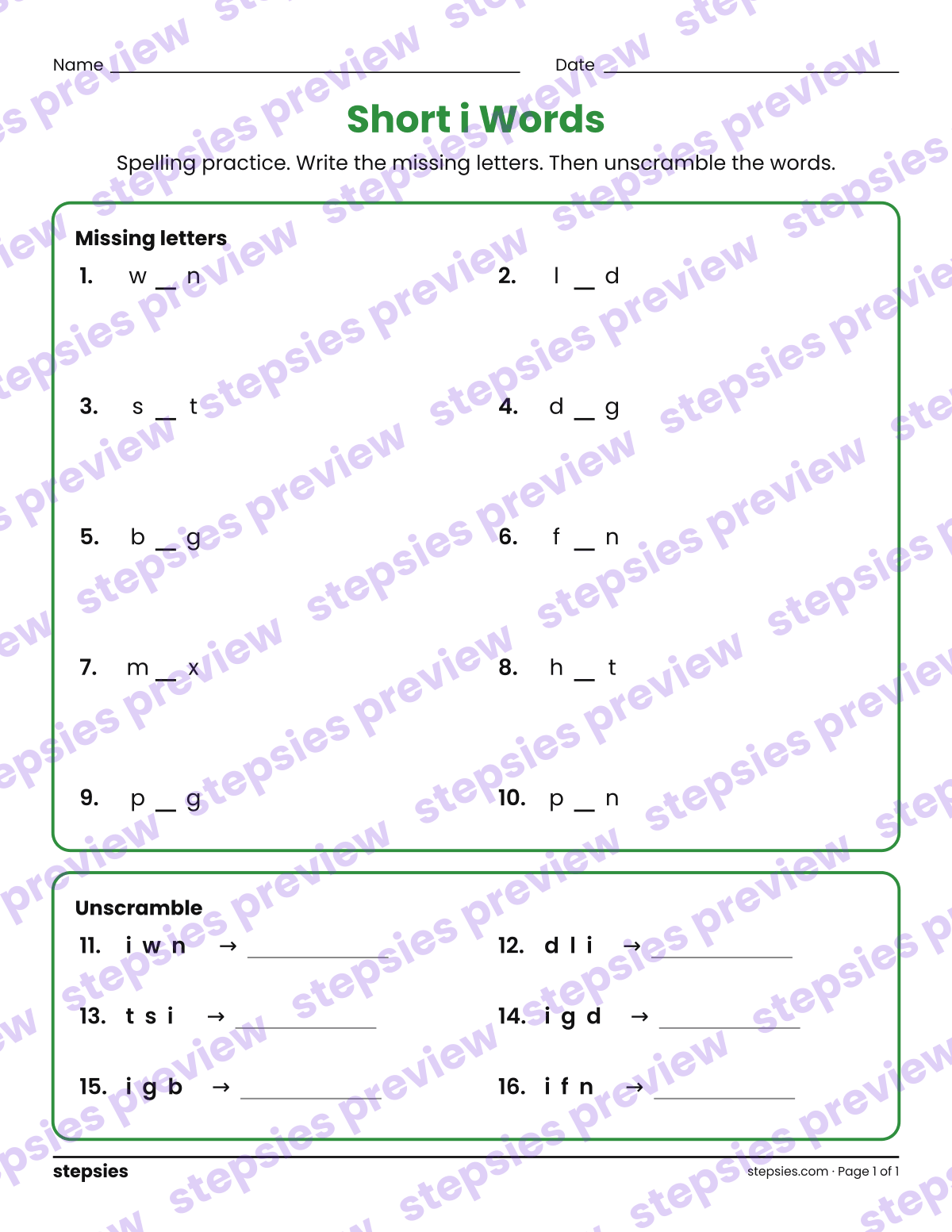 Short i Words: Spelling Practice: page 1 of a printable Grade 1 Language worksheet