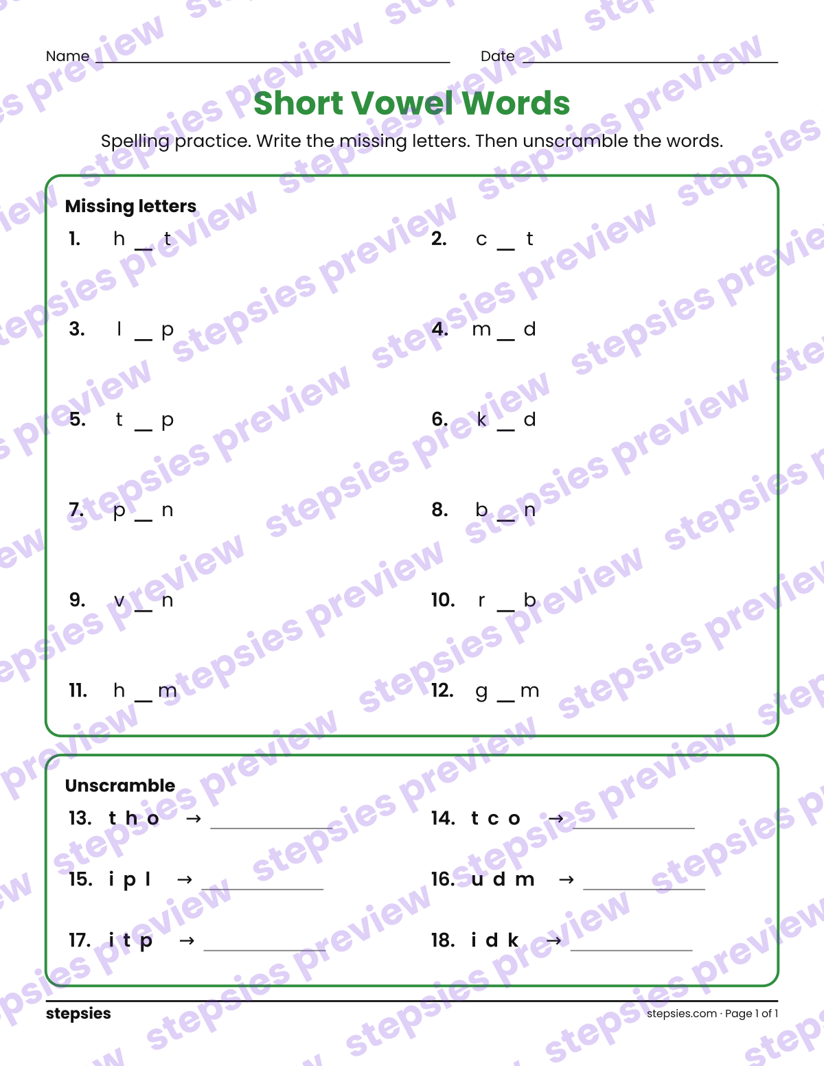 Short Vowel Words: Spelling Practice: page 1 of a printable Grade 1 Language worksheet