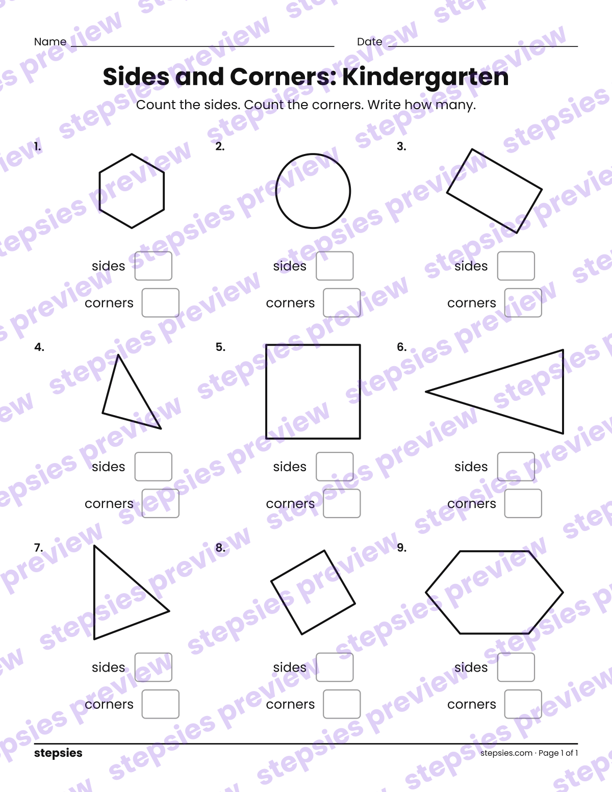 Sides and Corners: Kindergarten: page 1 of a printable Kindergarten Math worksheet