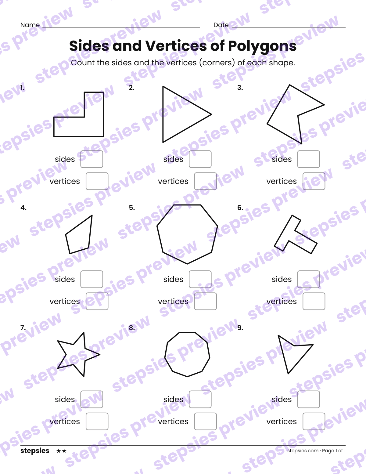 Sides and Vertices of Polygons: page 1 of a printable Grade 2 Math worksheet