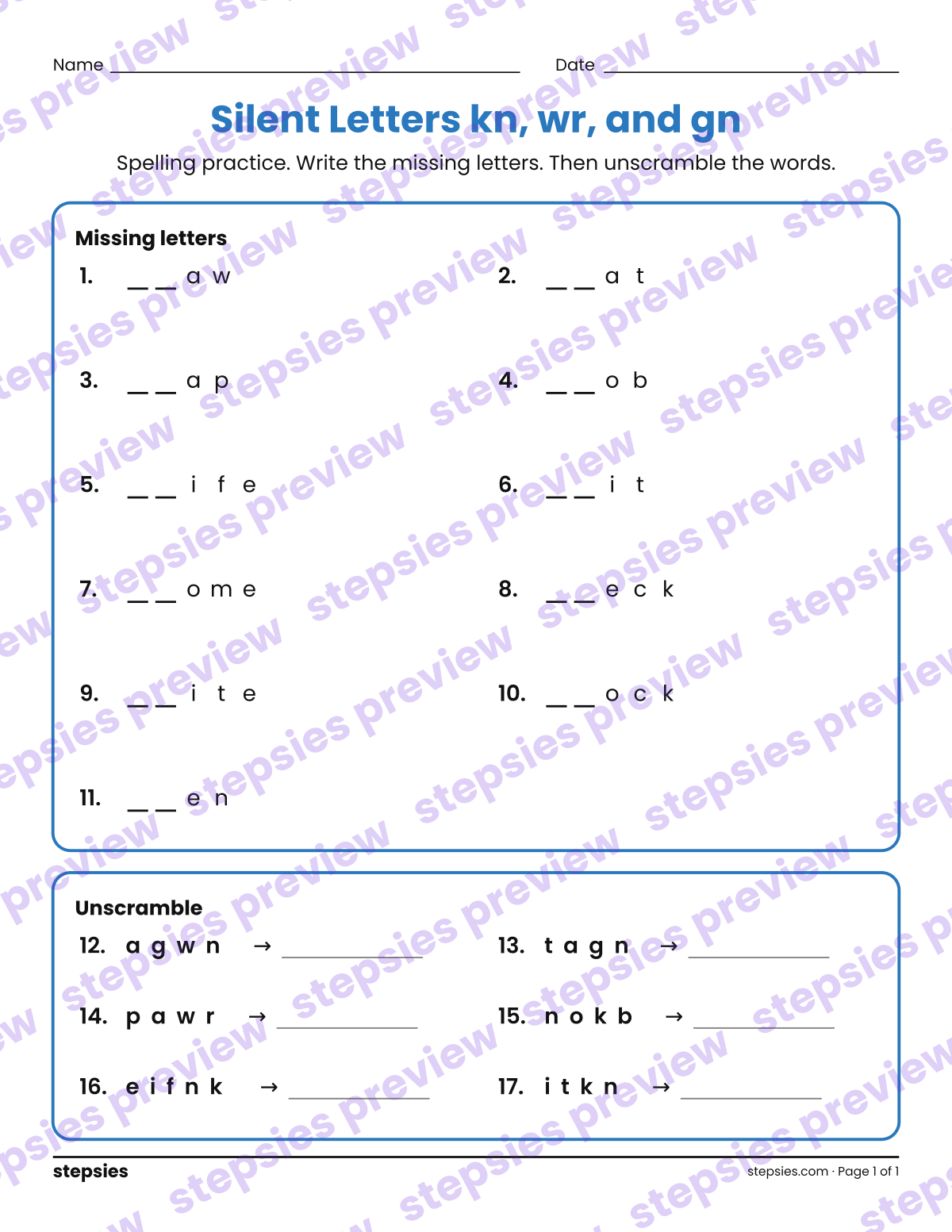Silent Letters kn, wr, and gn: Spelling Practice: page 1 of a printable Grade 2 Language worksheet