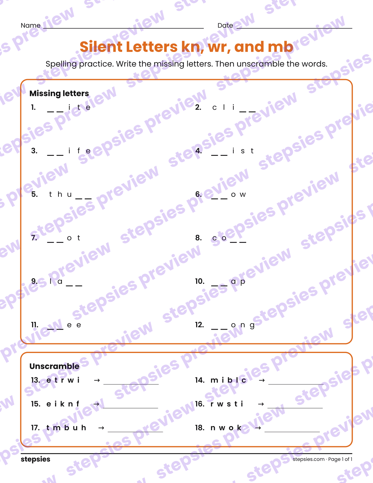 Silent Letters kn, wr, and mb: Spelling Practice: page 1 of a printable Grade 3 Language worksheet