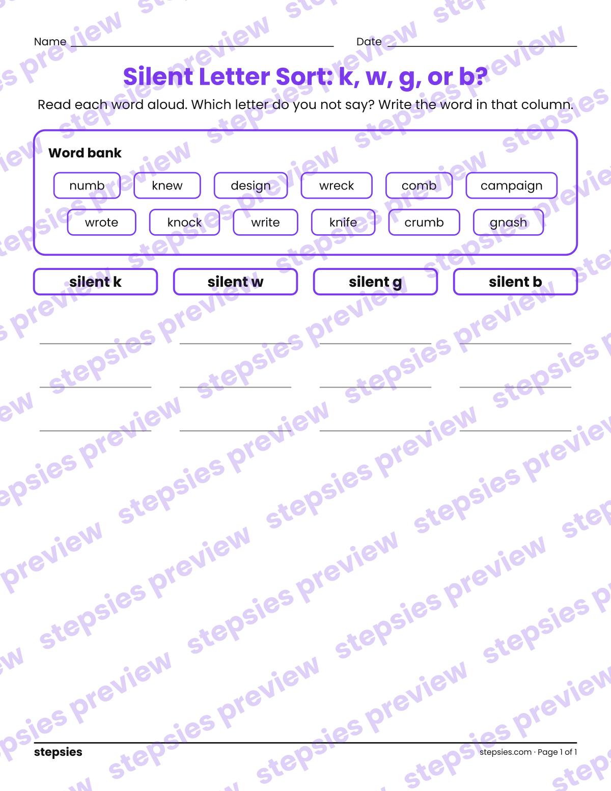 Silent Letter Sort: k, w, g, or b?: page 1 of a printable Grades 2 and 3 Language worksheet