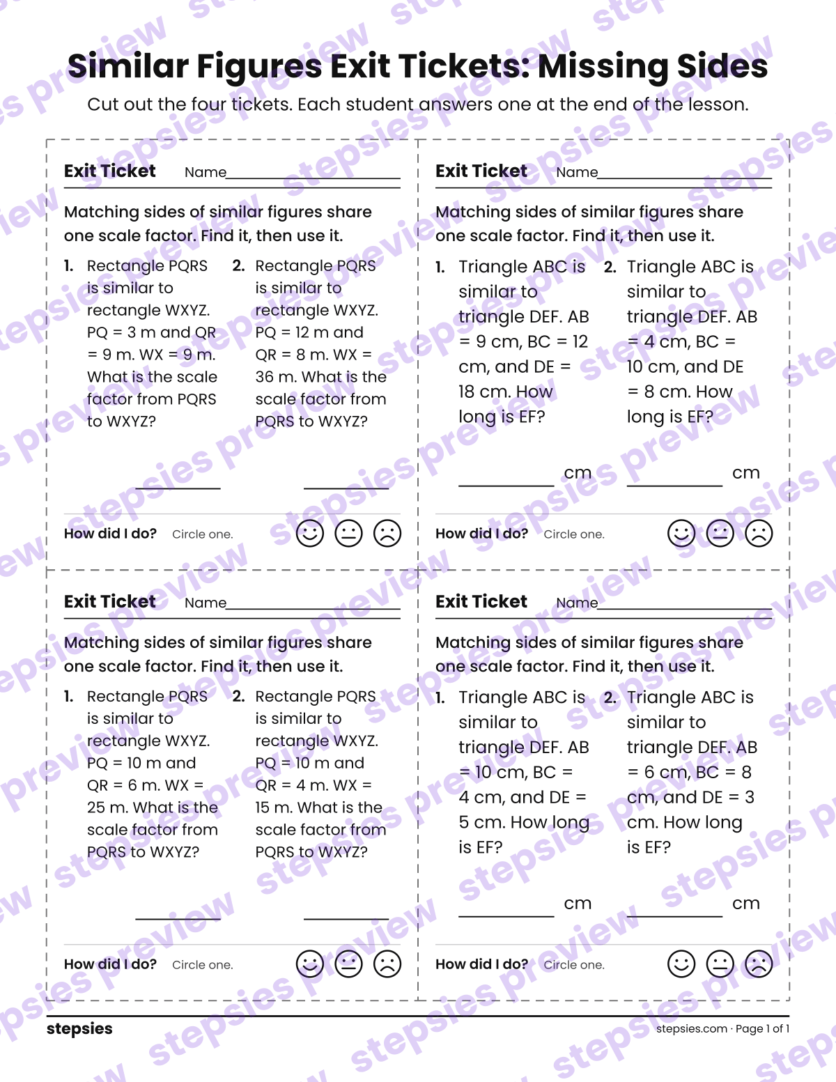 Similar Figures Exit Tickets: Missing Sides: page 1 of a printable Grades 7 and 8 Math worksheet
