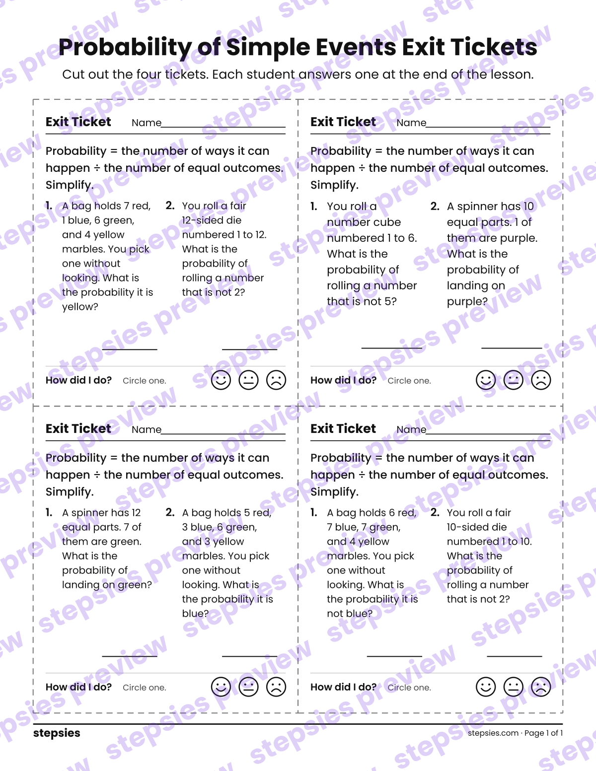 Probability of Simple Events Exit Tickets: page 1 of a printable Grade 7 Math worksheet