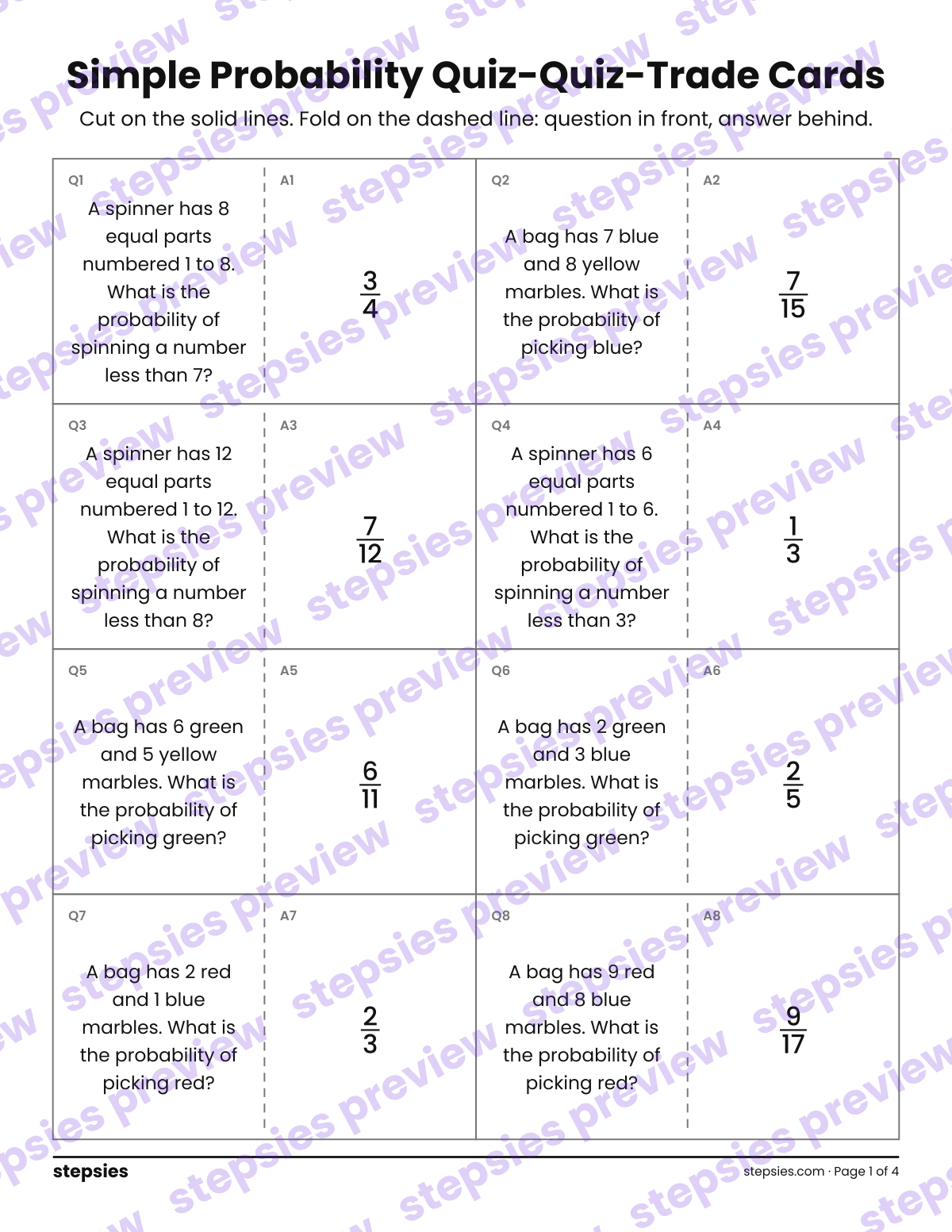 Simple Probability: Quiz-Quiz-Trade Cards: page 1 of a printable Grade 7 Math worksheet