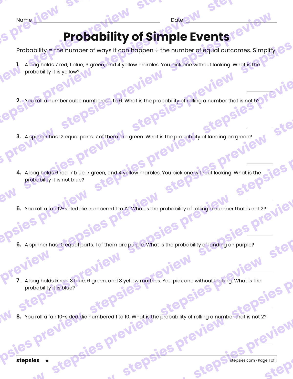 Probability of Simple Events: page 1 of a printable Grade 7 Math worksheet