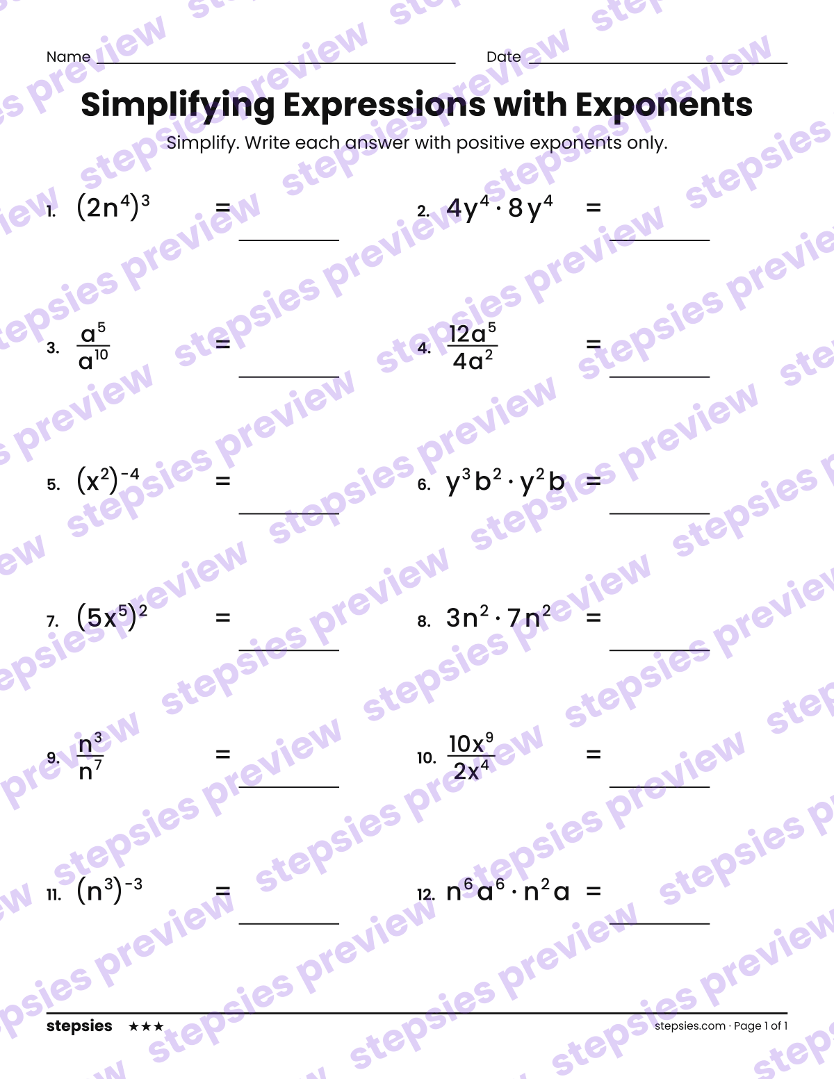 Simplifying Expressions with Exponents: page 1 of a printable Grade 8 Math worksheet