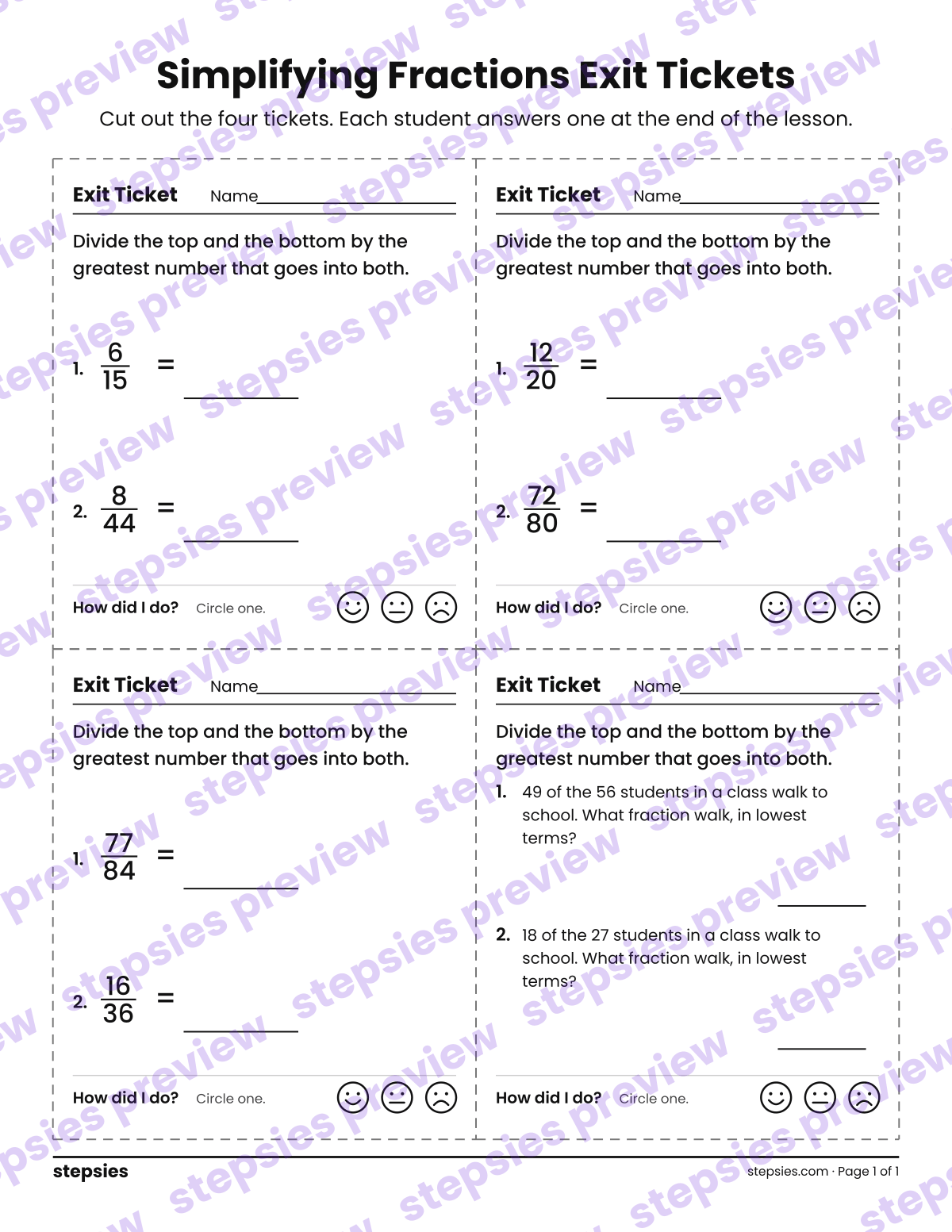 Simplifying Fractions Exit Tickets: page 1 of a printable Grade 7 Math worksheet