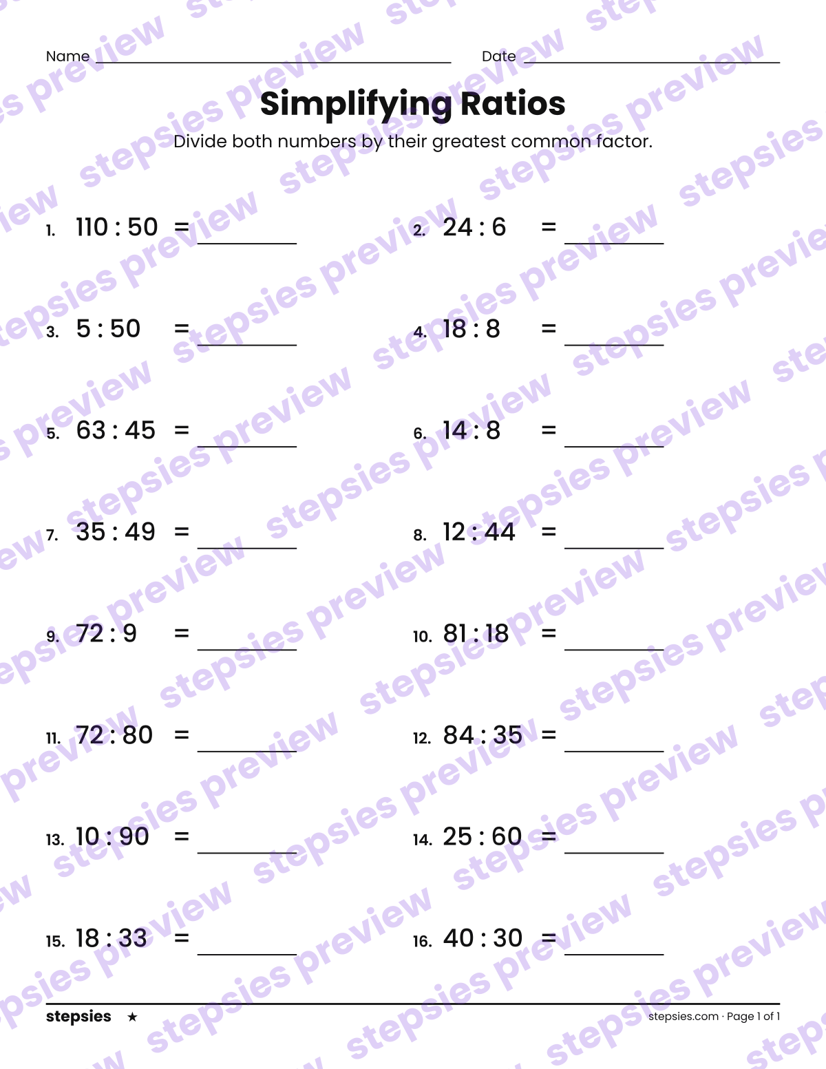 Simplifying Ratios: page 1 of a printable Grade 6 Math worksheet
