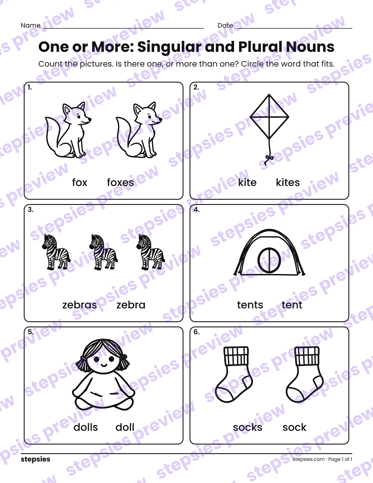 One or More: Singular and Plural Nouns: page 1 of a printable Kindergarten Language worksheet