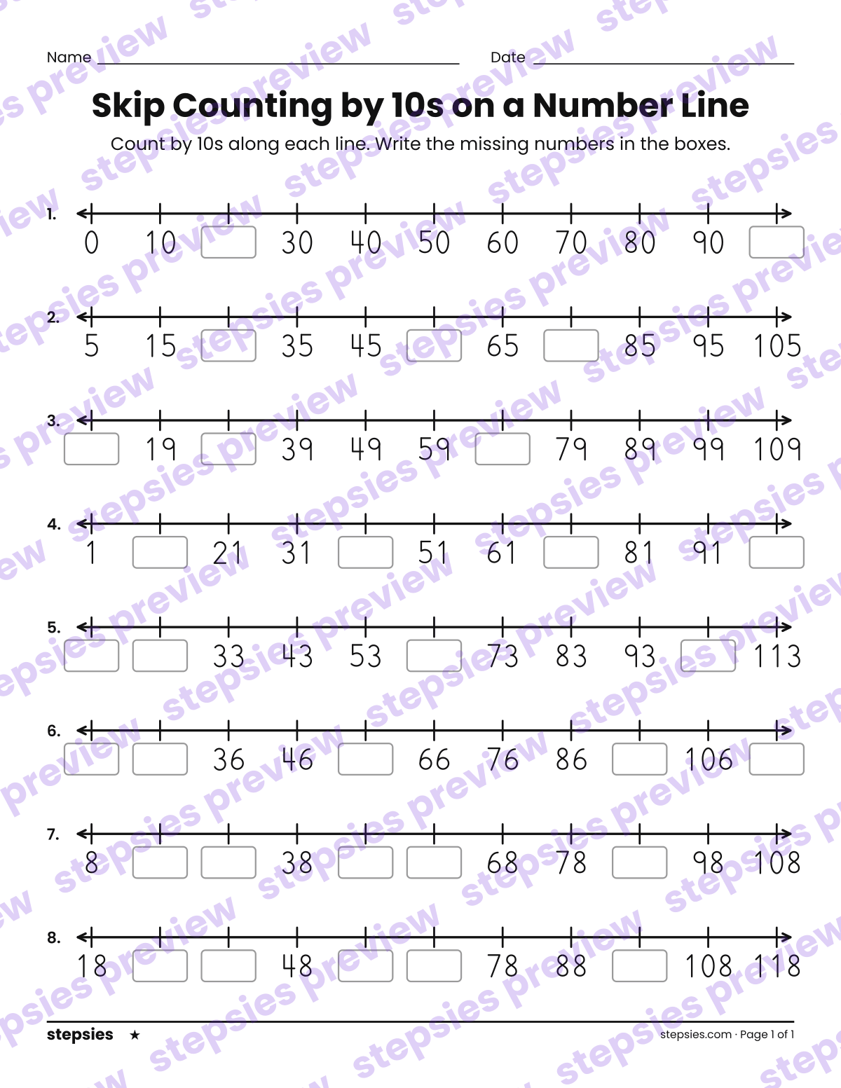 Skip Counting by 10s on a Number Line: page 1 of a printable Grades 1 and 2 Math worksheet
