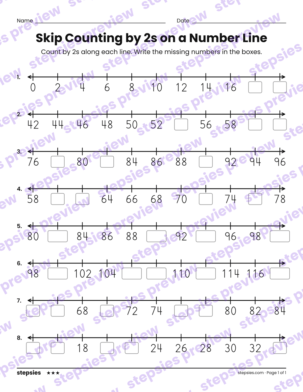 Skip Counting by 2s on a Number Line: page 1 of a printable Grades 1 and 2 Math worksheet