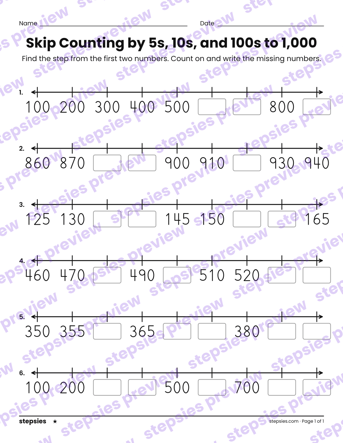 Skip Counting by 5s, 10s, and 100s to 1,000: page 1 of a printable Grade 2 Math worksheet