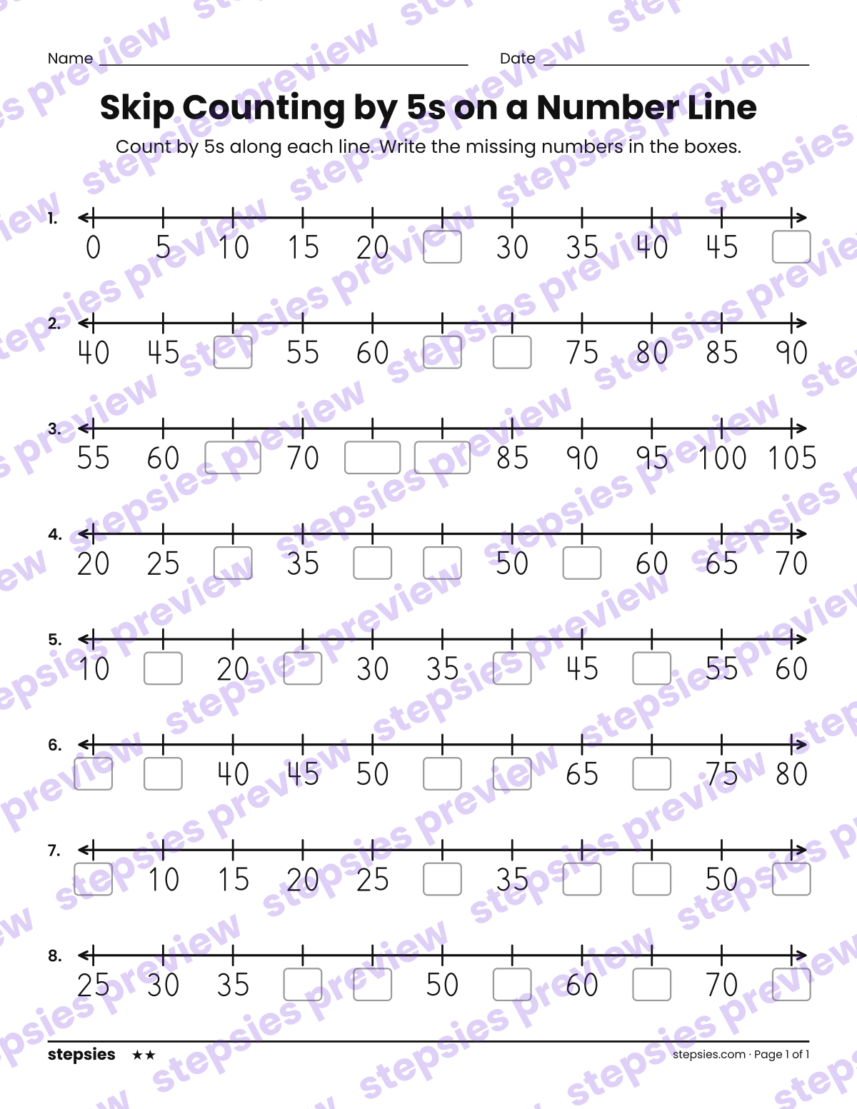 Skip Counting by 5s on a Number Line: page 1 of a printable Grades 1 and 2 Math worksheet