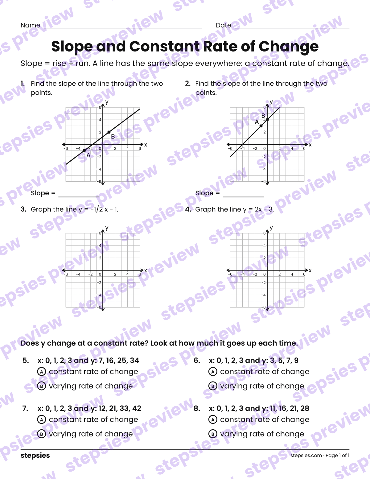 Slope and Constant Rate of Change: page 1 of a printable Grade 7 Math worksheet