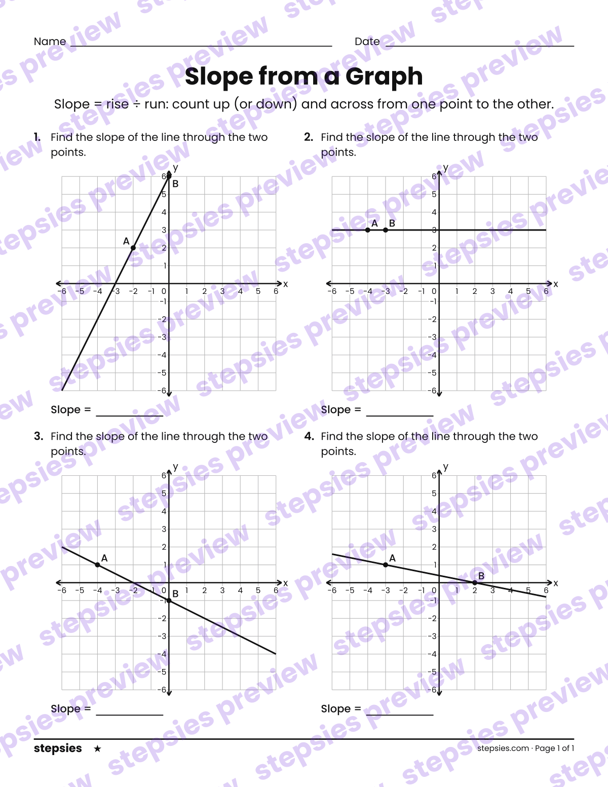 Slope from a Graph: page 1 of a printable Grade 8 Math worksheet