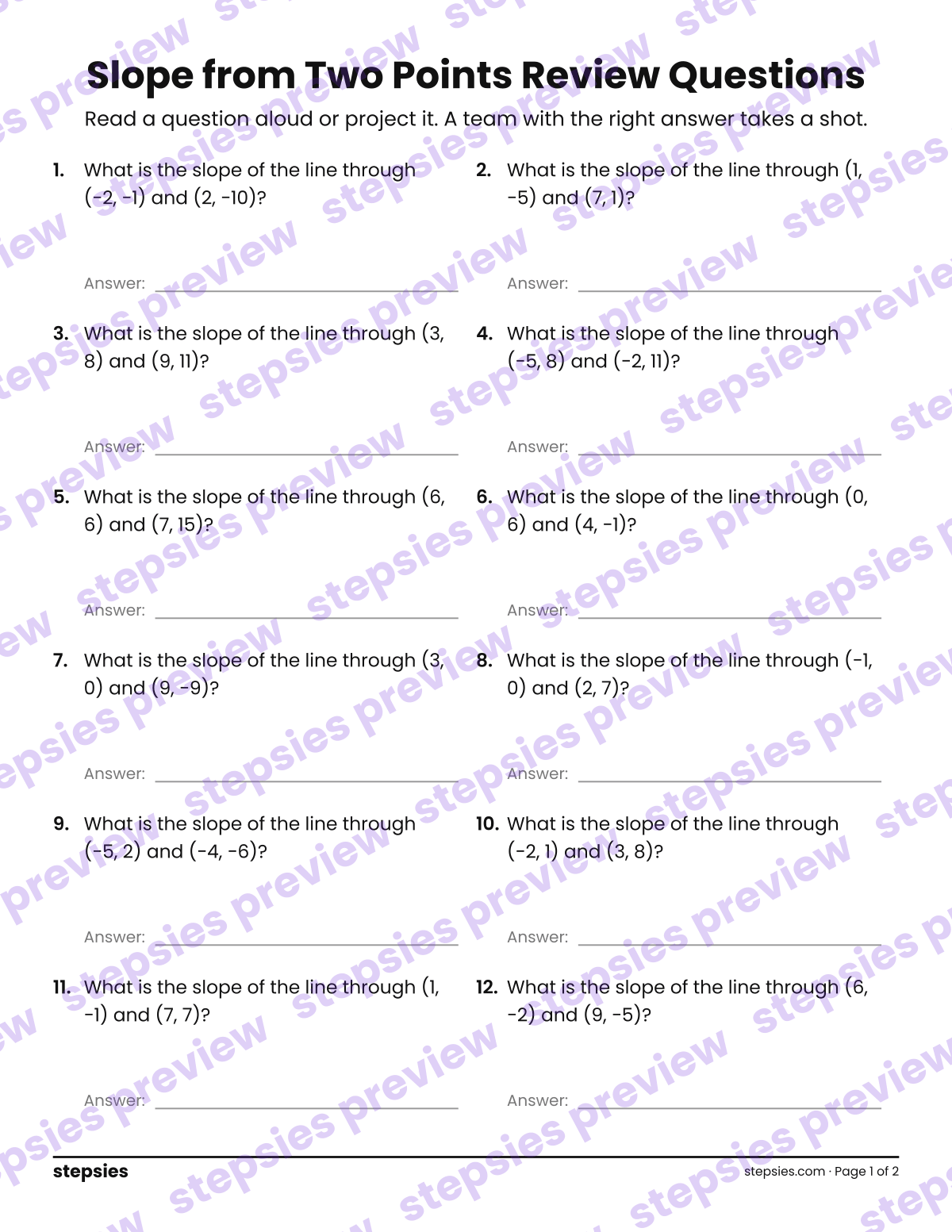 Slope from Two Points: Trashketball Review Questions: page 1 of a printable Grade 8 Math worksheet