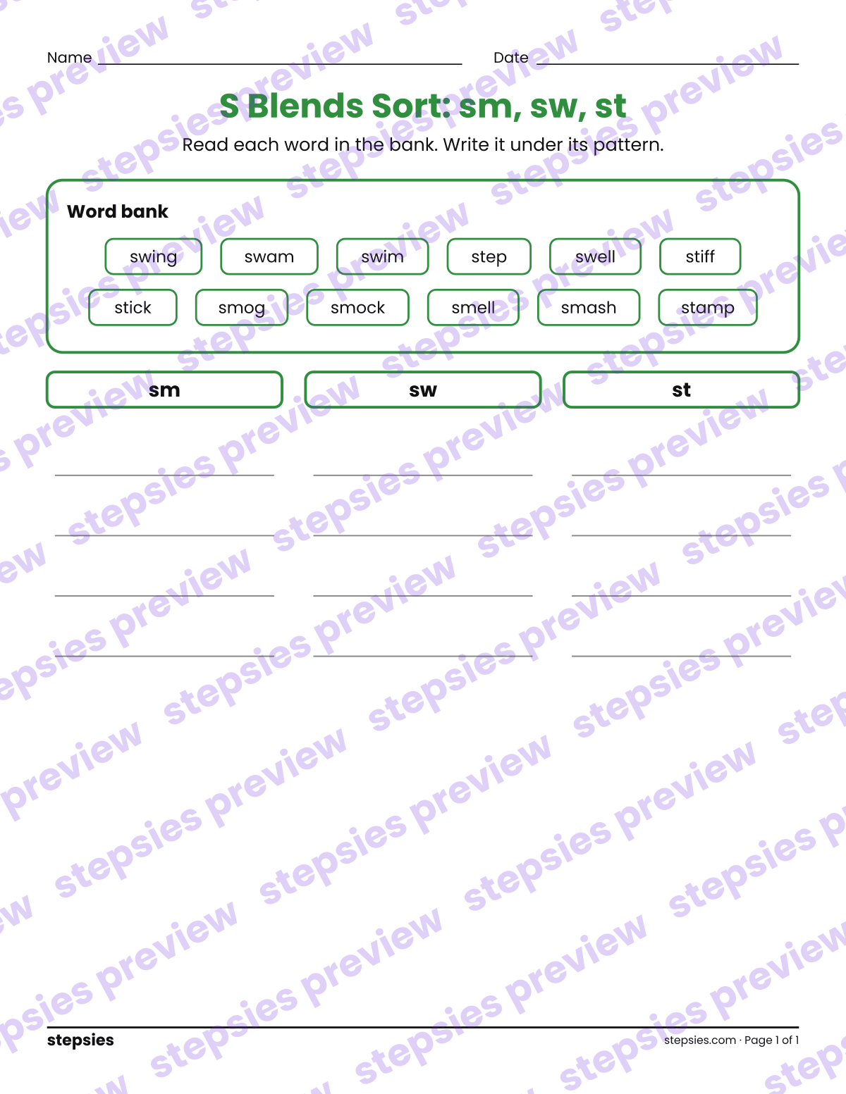 S Blends Sort: sm, sw, st: page 1 of a printable Kindergarten and Grade 1 Language worksheet