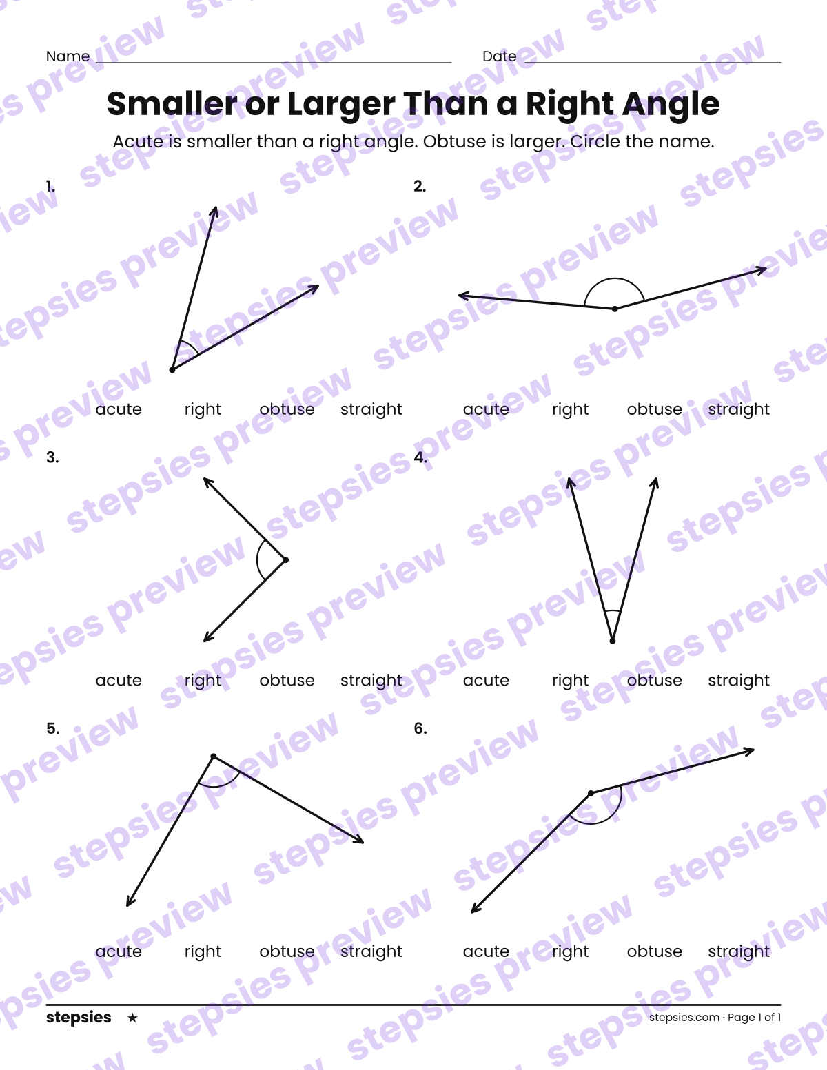 Smaller or Larger Than a Right Angle: page 1 of a printable Grade 2 Math worksheet