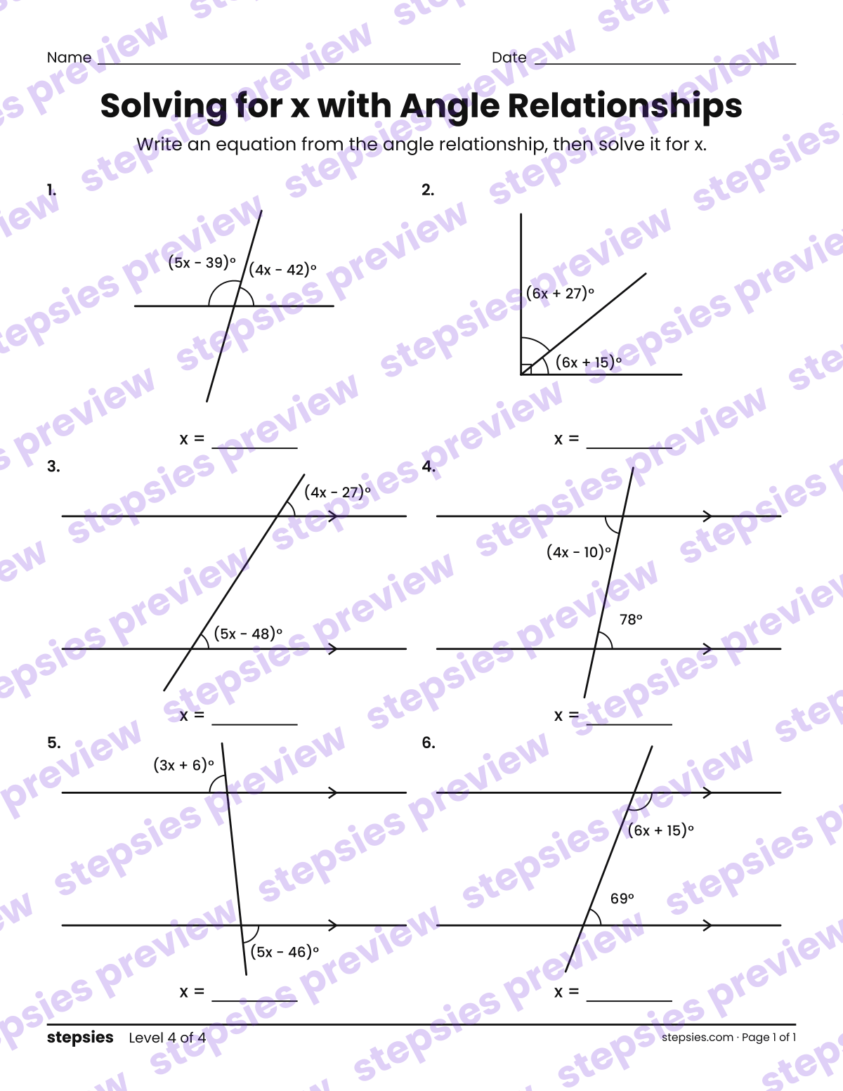 Solving for x with Angle Relationships: page 1 of a printable Grades 7 and 8 Math worksheet