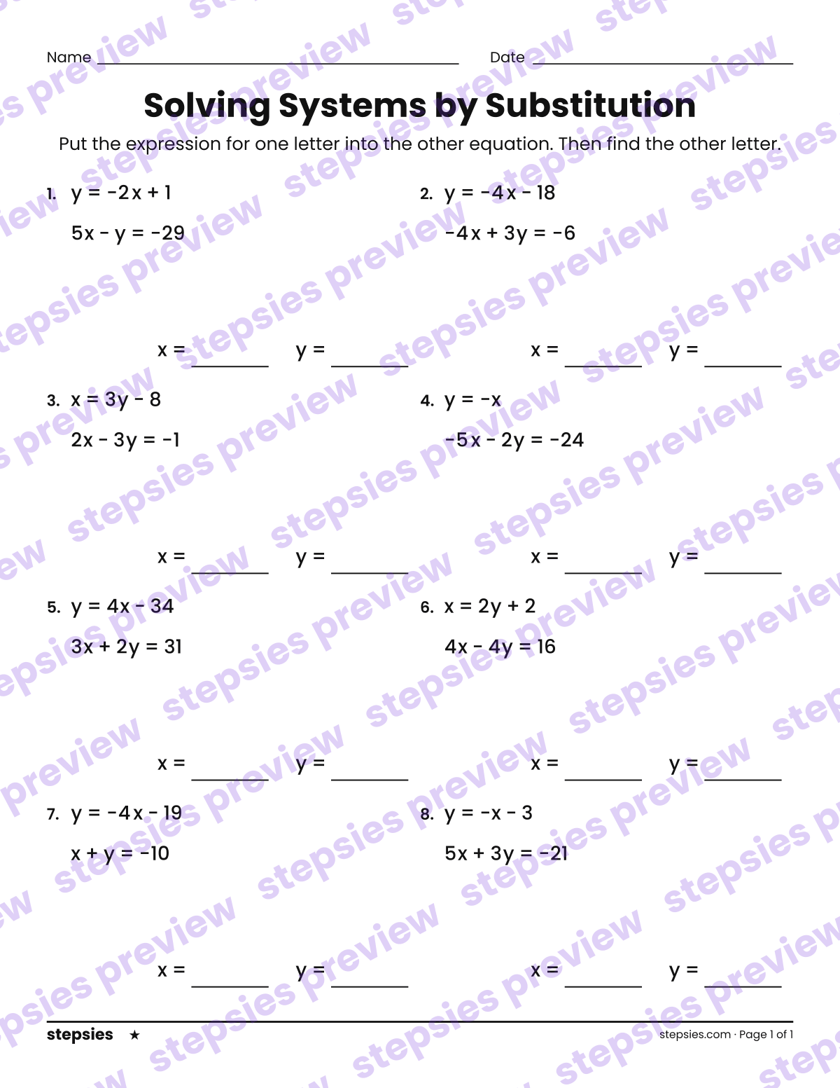 Solving Systems by Substitution: page 1 of a printable Grade 8 Math worksheet