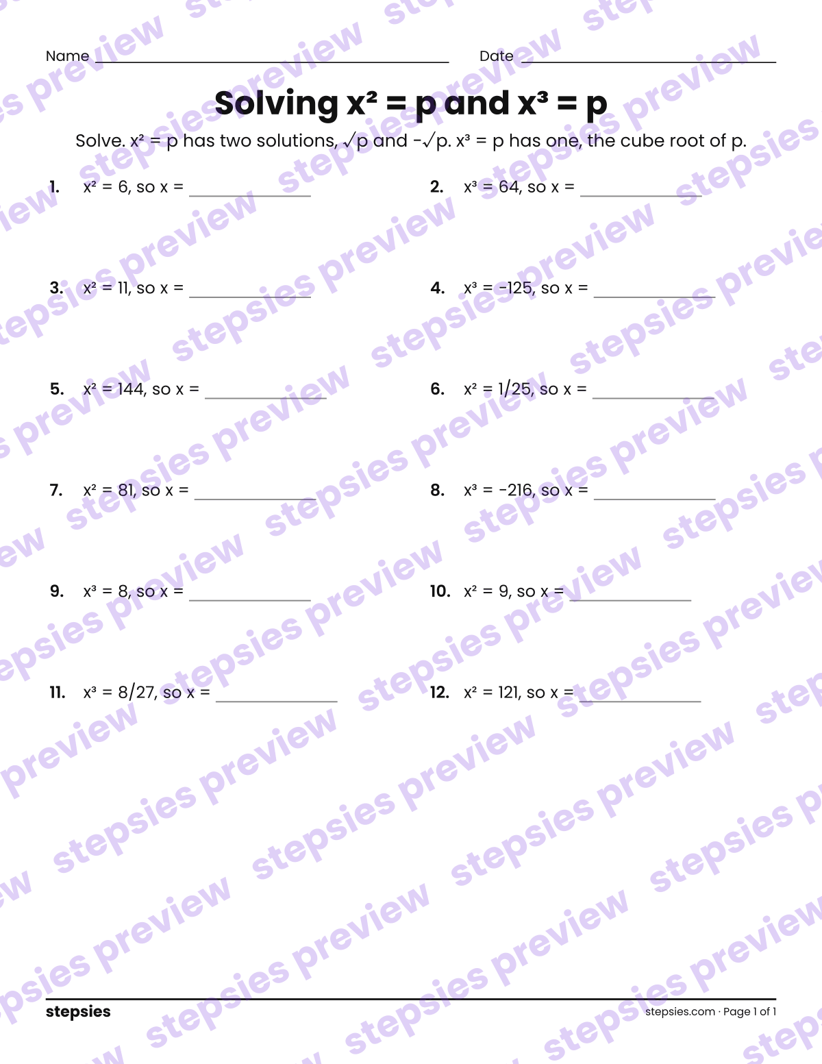 Solving x² = p and x³ = p: page 1 of a printable Grade 8 Math worksheet