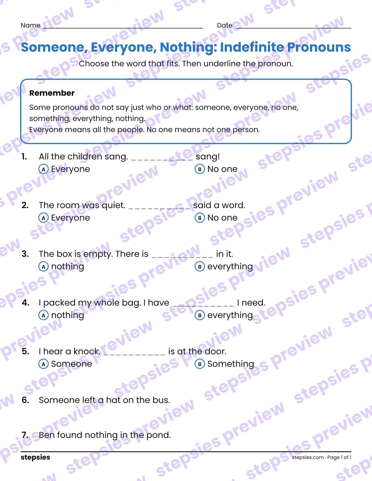 Someone, Everyone, Nothing: Indefinite Pronouns: page 1 of a printable Grade 1 Language worksheet