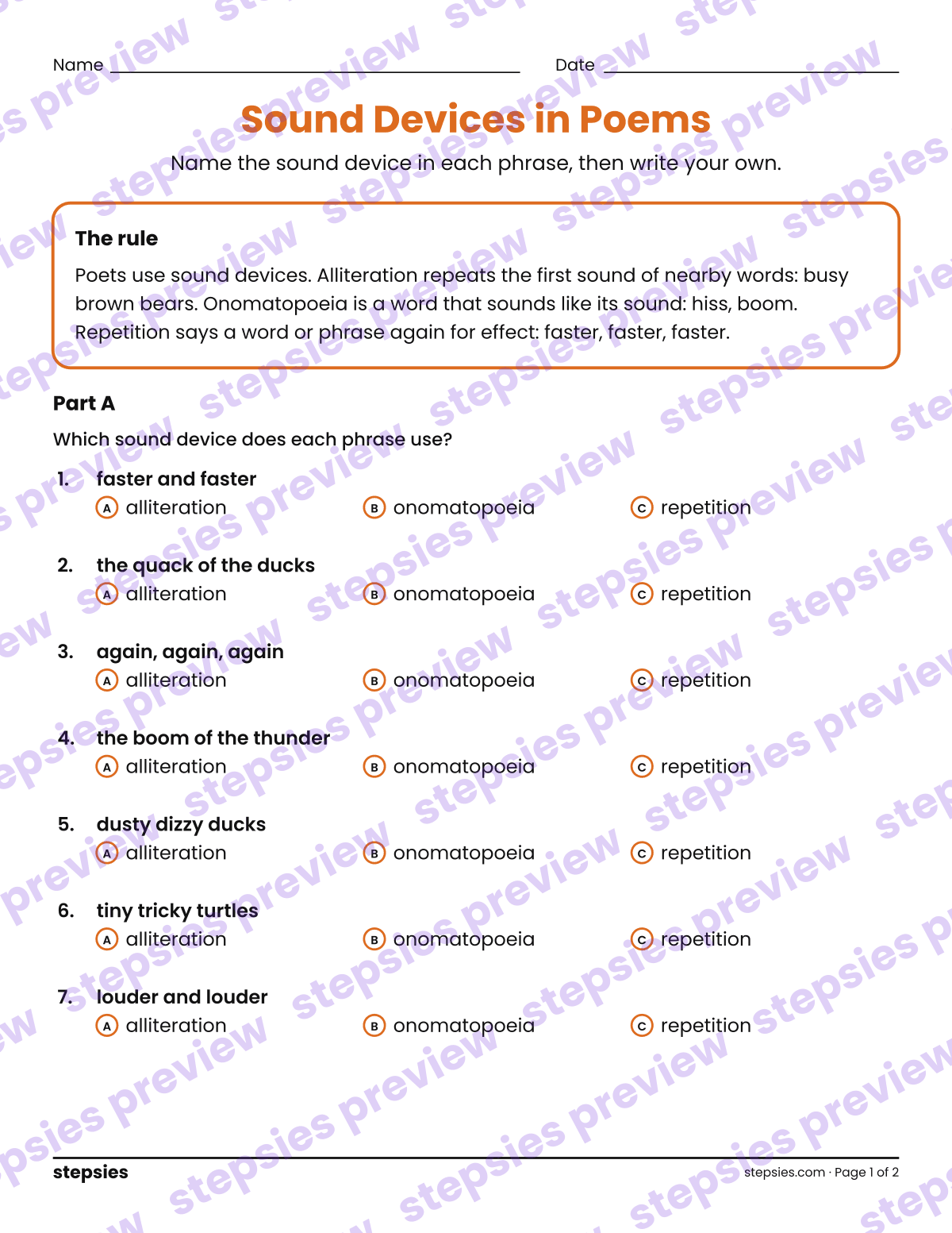 Sound Devices in Poems: page 1 of a printable Grades 4 and 5 Language worksheet