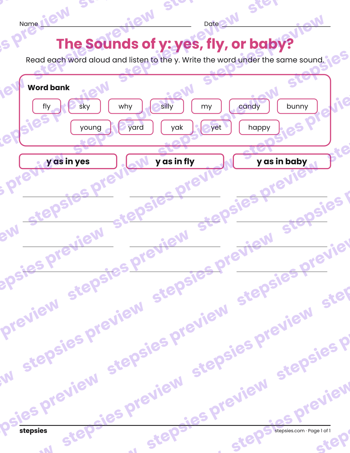 The Sounds of y: yes, fly, or baby?: page 1 of a printable Grade 2 Language worksheet