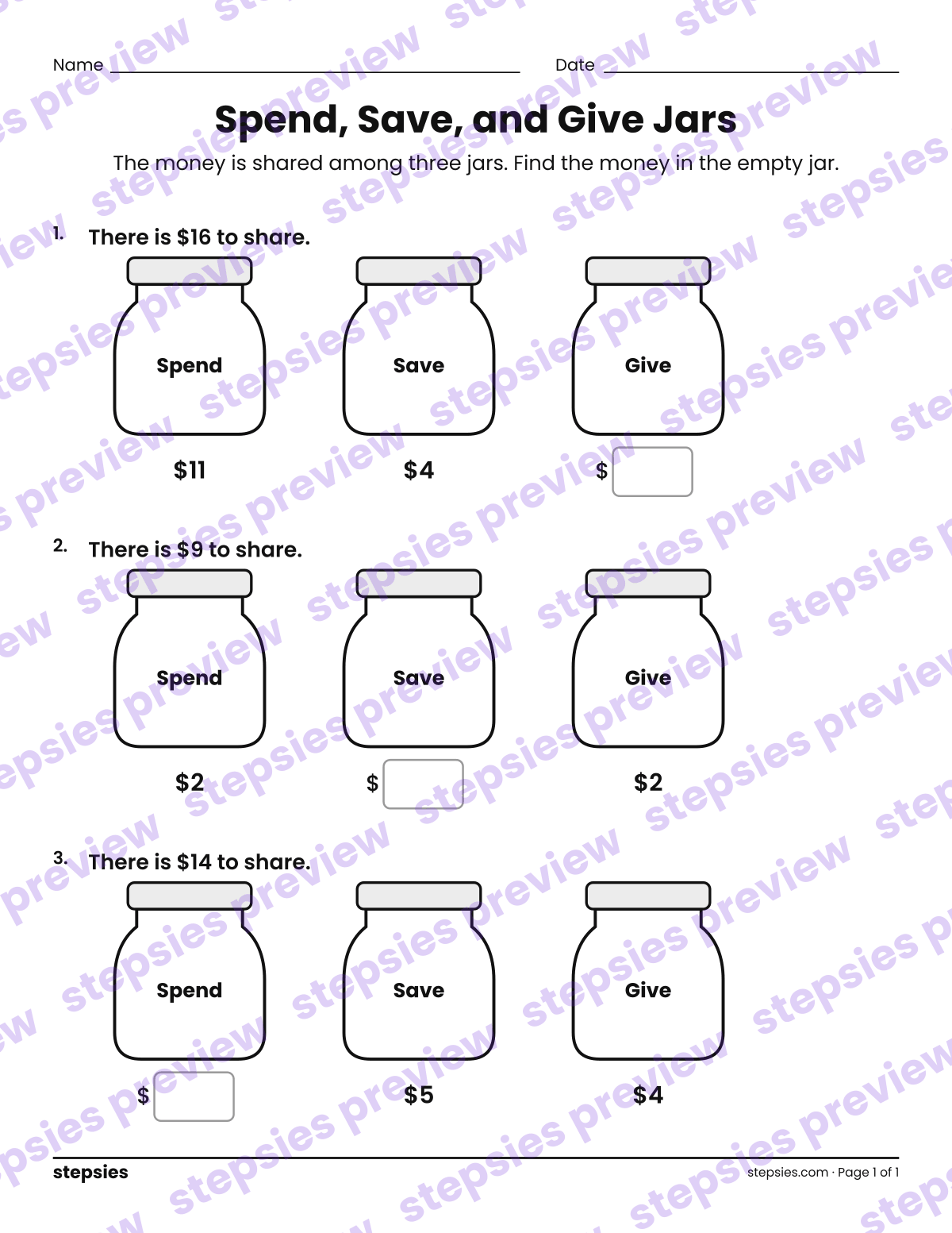 Spend, Save, and Give Jars: page 1 of a printable Grades 1 and 2 Math worksheet