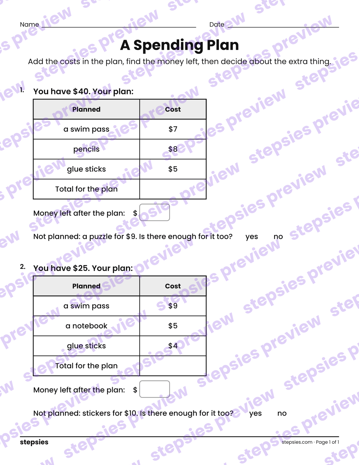 A Spending Plan: page 1 of a printable Grade 3 Math worksheet