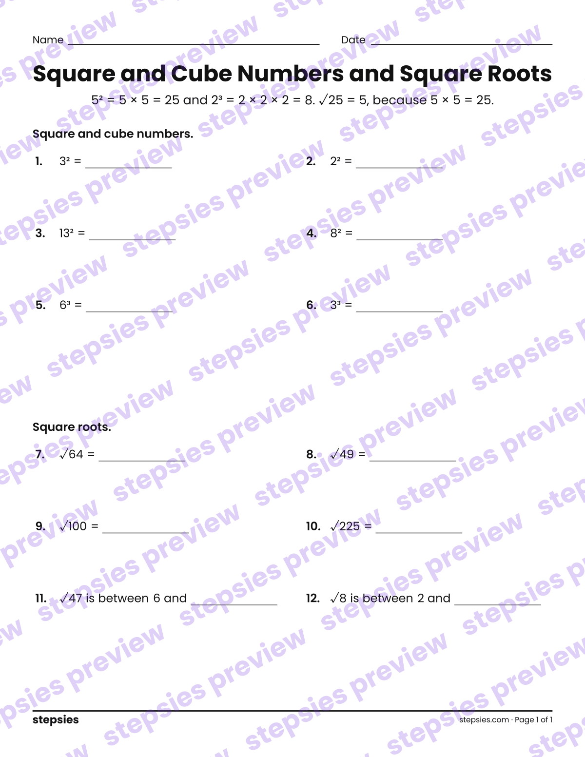 Square and Cube Numbers and Square Roots: page 1 of a printable Grades 5–7 Math worksheet