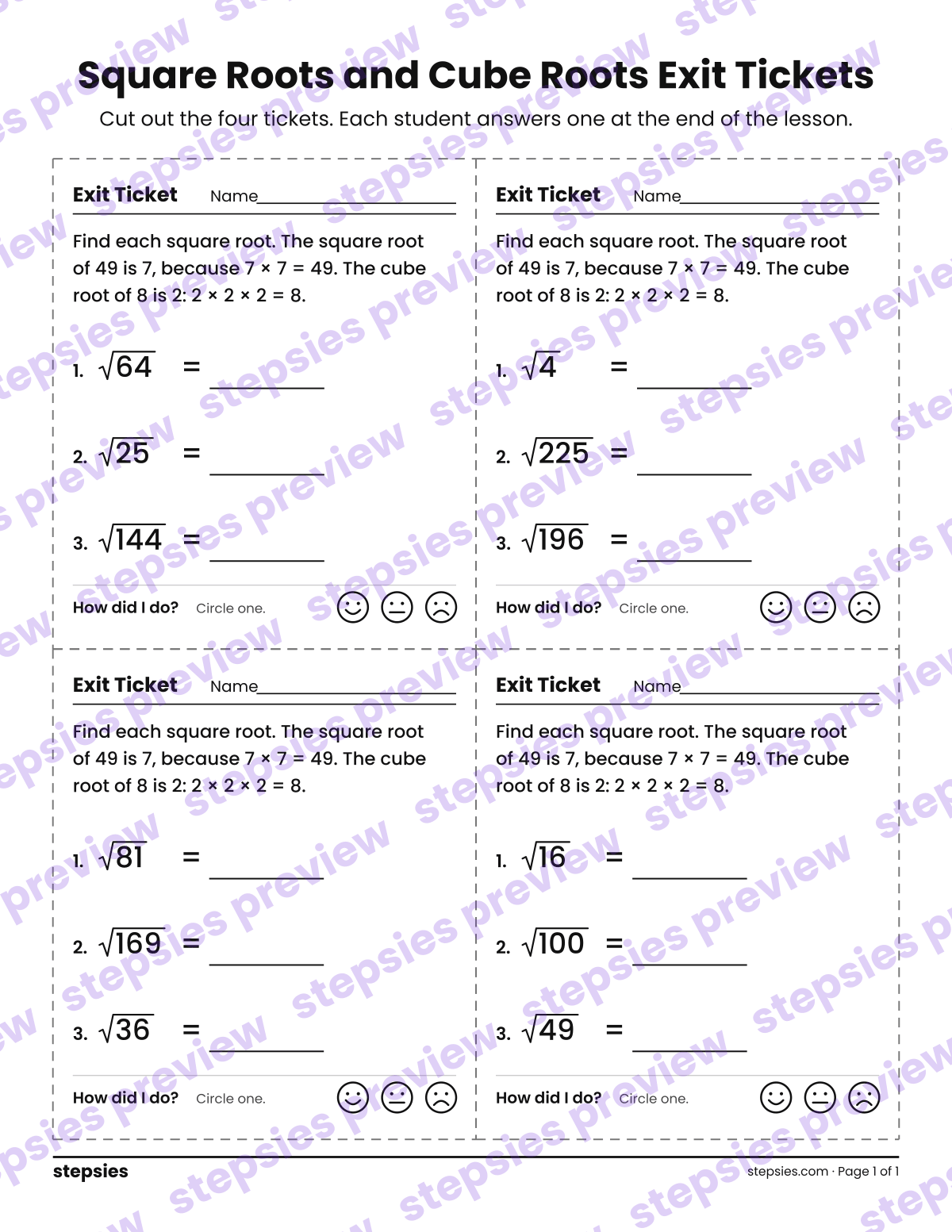 Square Roots and Cube Roots Exit Tickets: page 1 of a printable Grade 8 Math worksheet