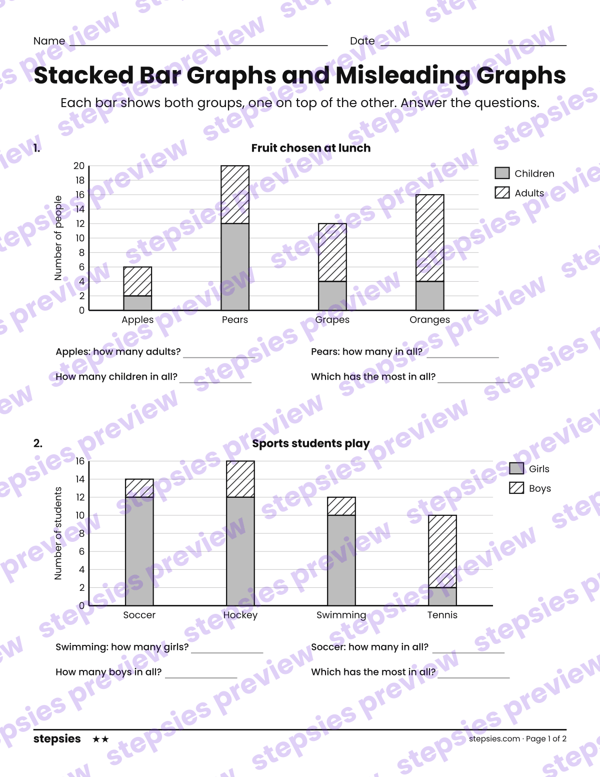 Stacked Bar Graphs and Misleading Graphs: page 1 of a printable Grade 5 Math worksheet