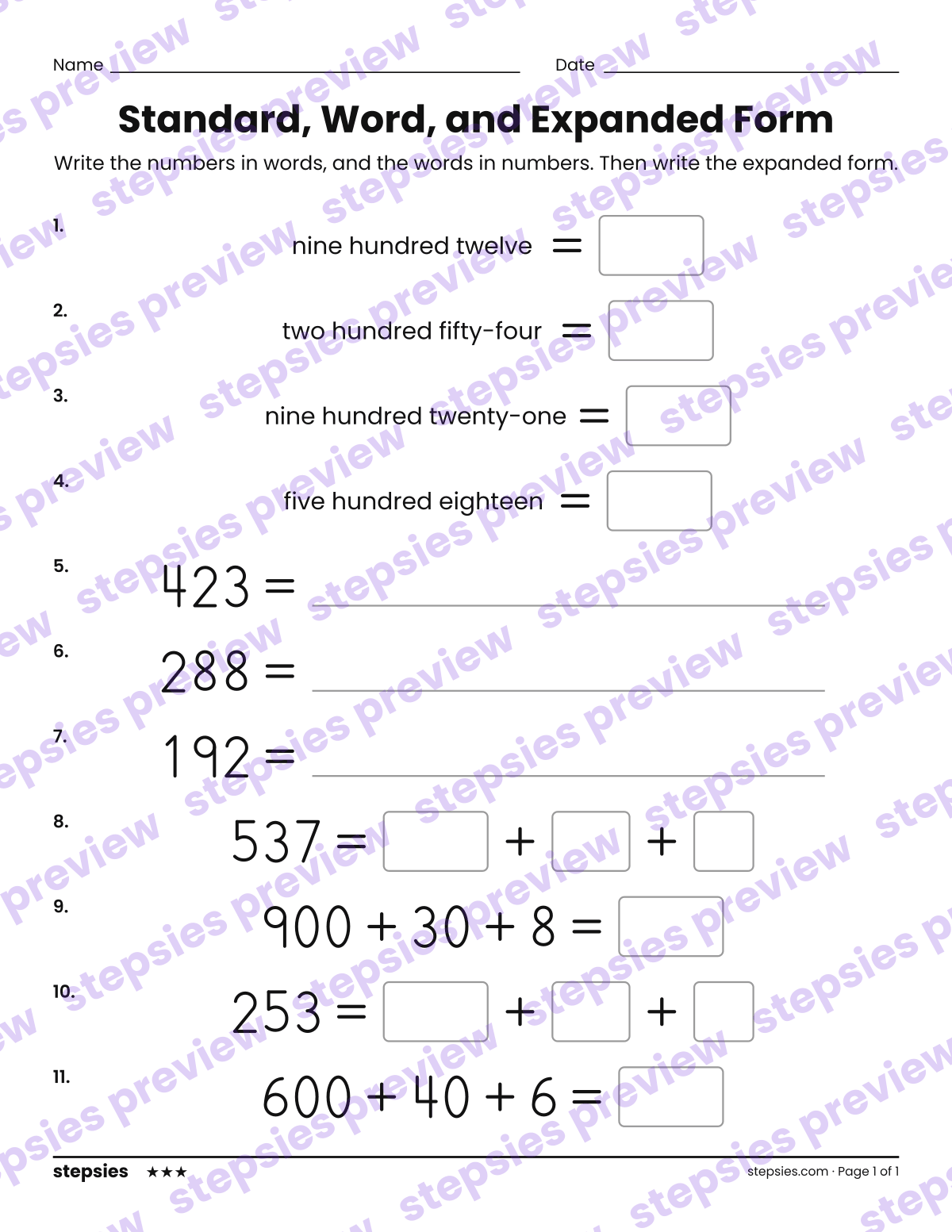Standard, Word, and Expanded Form: page 1 of a printable Grades 2 and 3 Math worksheet