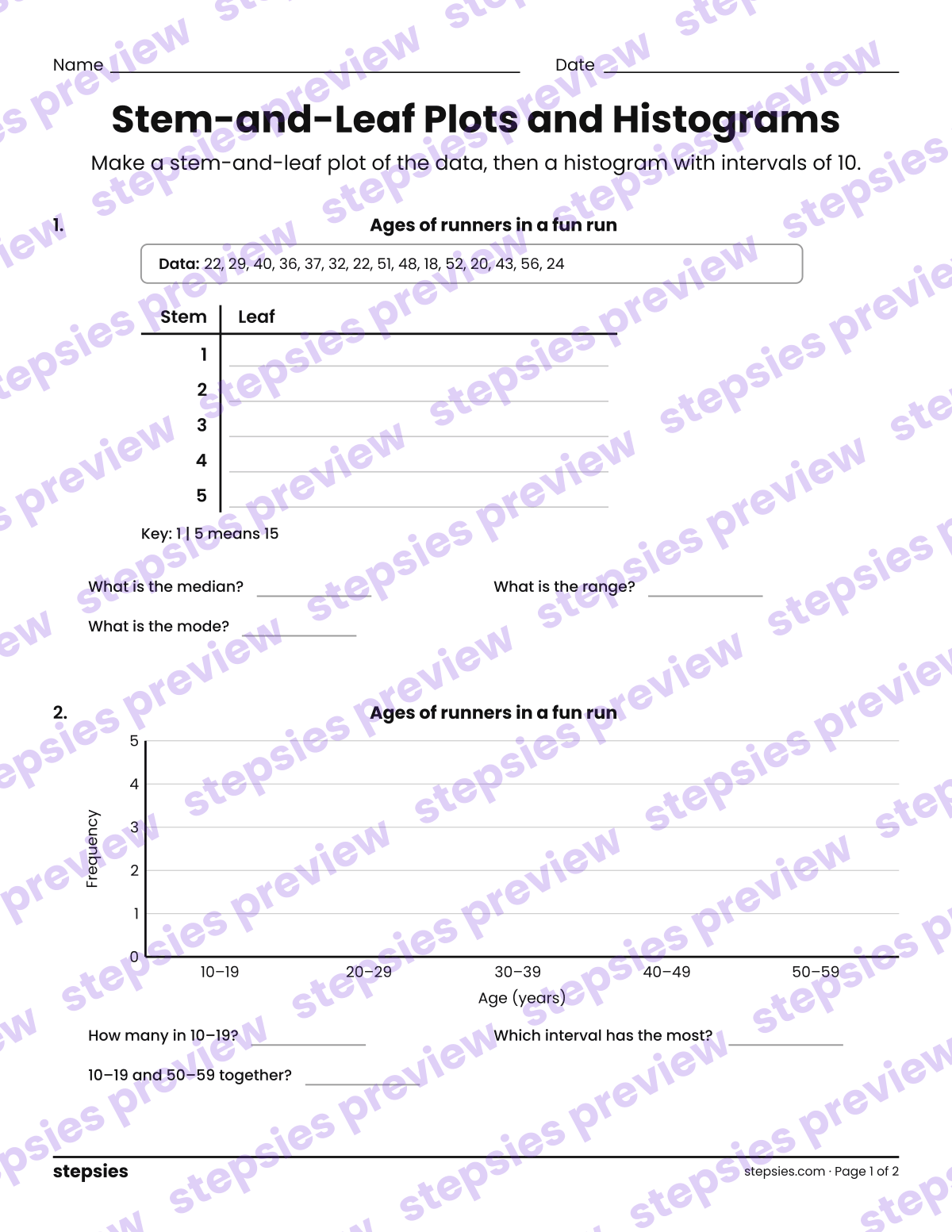 Stem-and-Leaf Plots and Histograms: page 1 of a printable Grade 7 Math worksheet