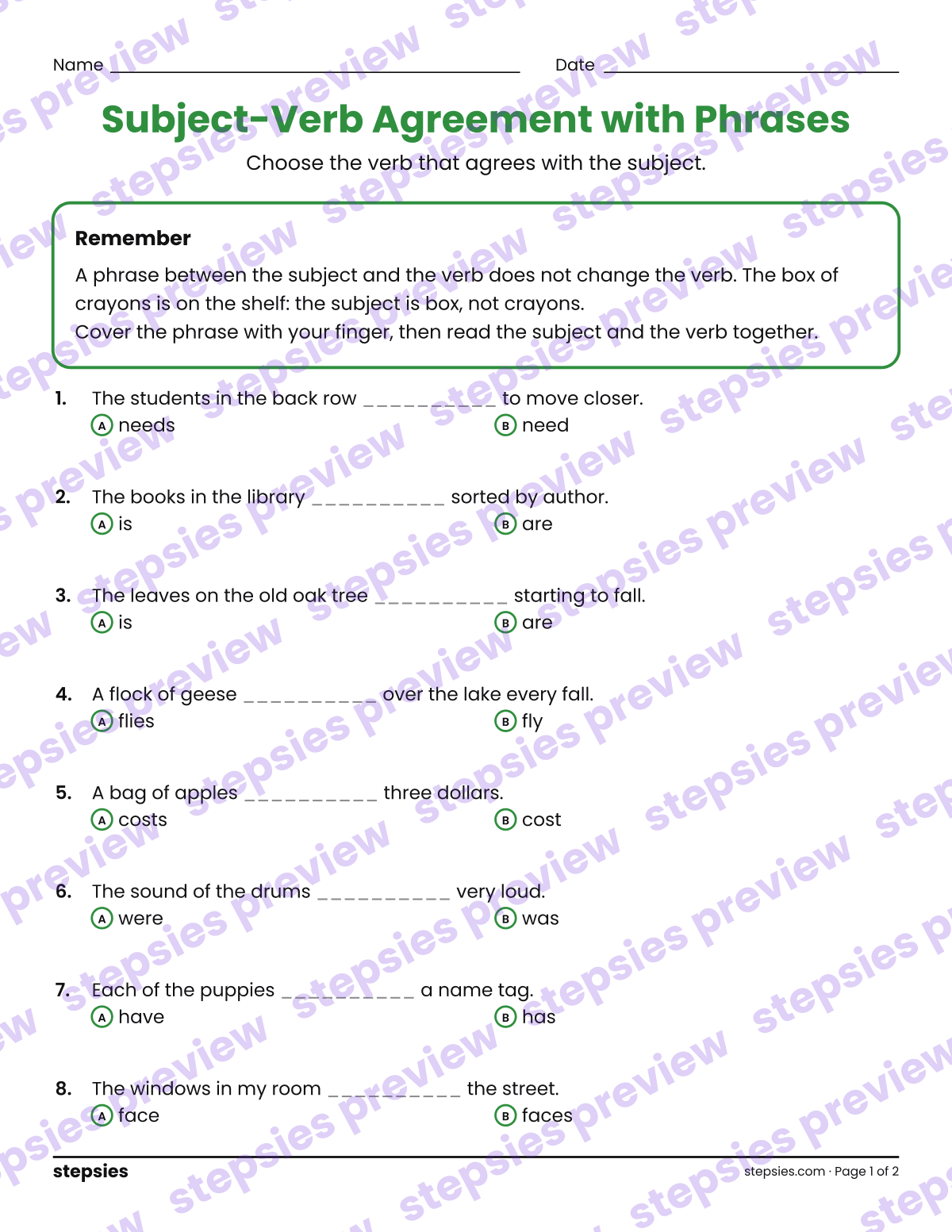 Subject-Verb Agreement with Phrases: page 1 of a printable Grades 6–8 Language worksheet