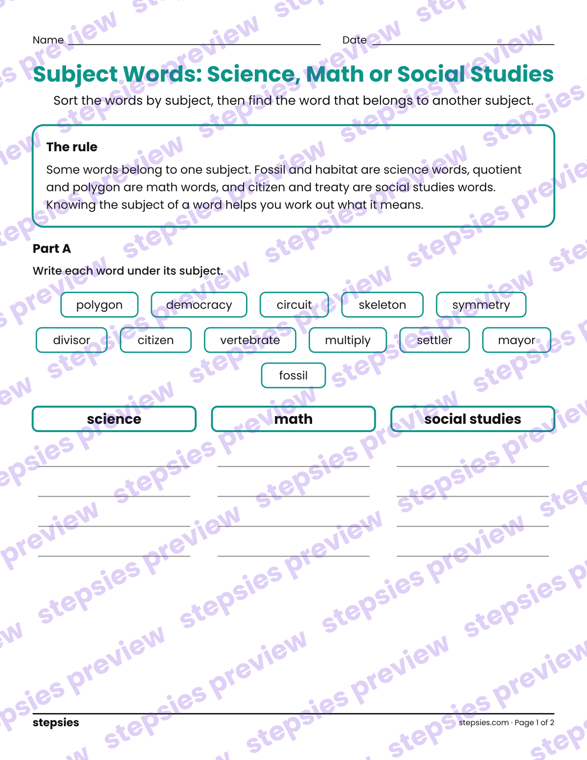 Subject Words: Science, Math or Social Studies: page 1 of a printable Grade 4 Language worksheet