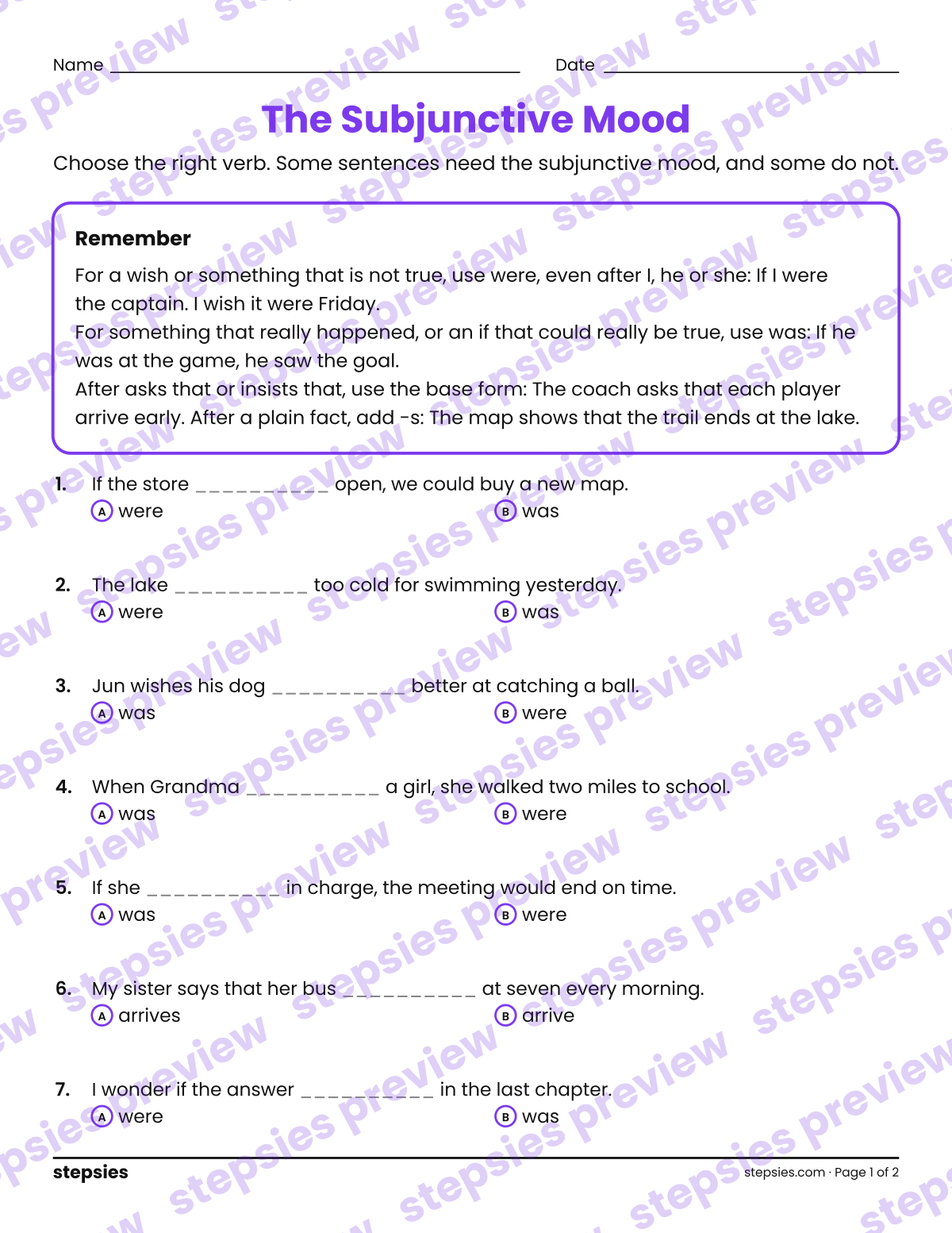 The Subjunctive Mood: page 1 of a printable Grade 8 Language worksheet